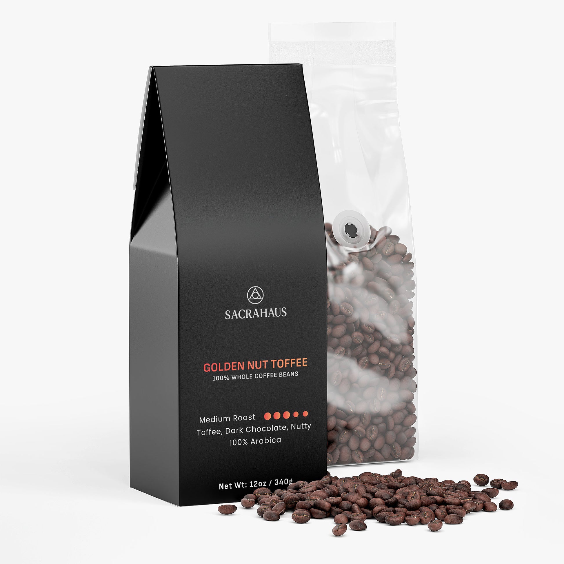 SACRAHAUS golden nut toffee coffee beans in black bag, showcasing medium roast flavor profile