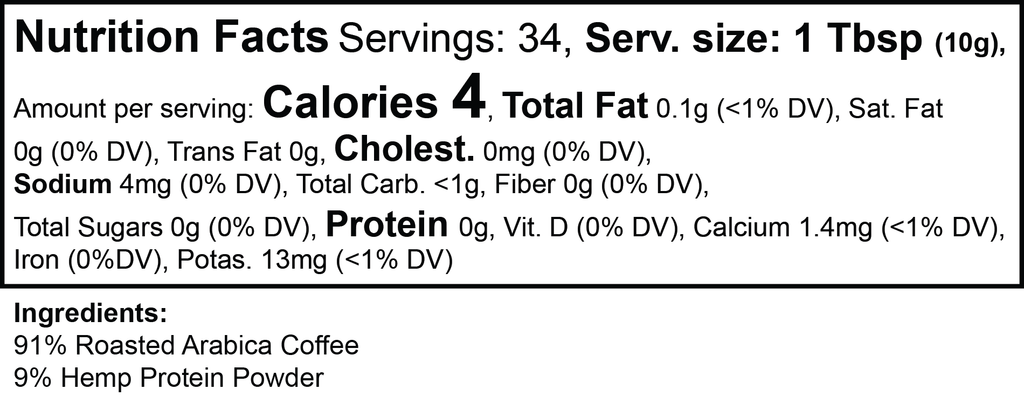 SACRAHAUS hemp coffee medium roast nutrition facts label with ingredients and serving information