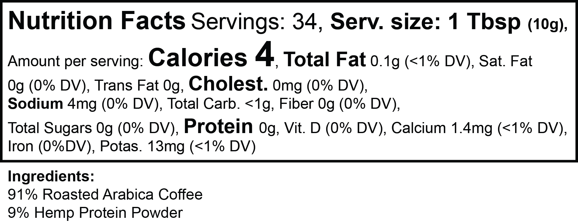 SACRAHAUS hemp coffee medium roast nutrition facts label with ingredients and serving information