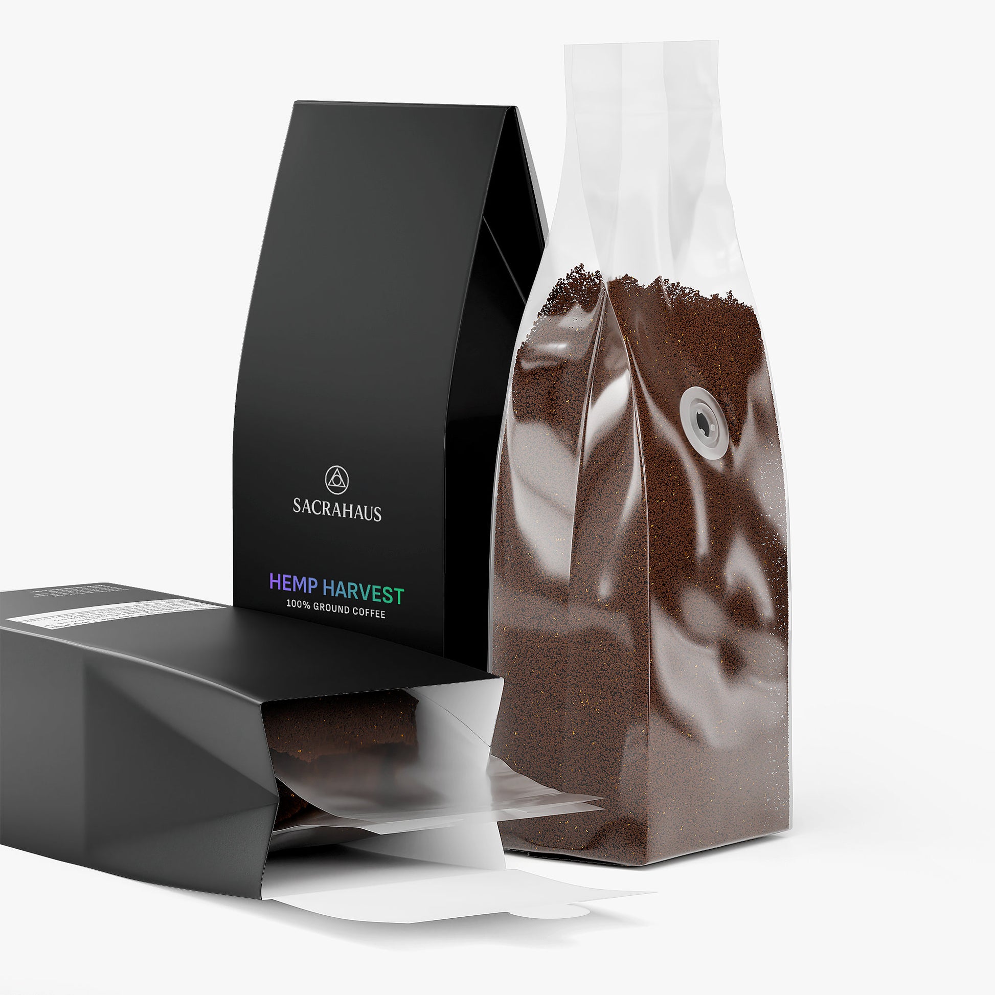 SACRAHAUS hemp coffee medium roast packaged in black bags with transparent window for fresh ground coffee