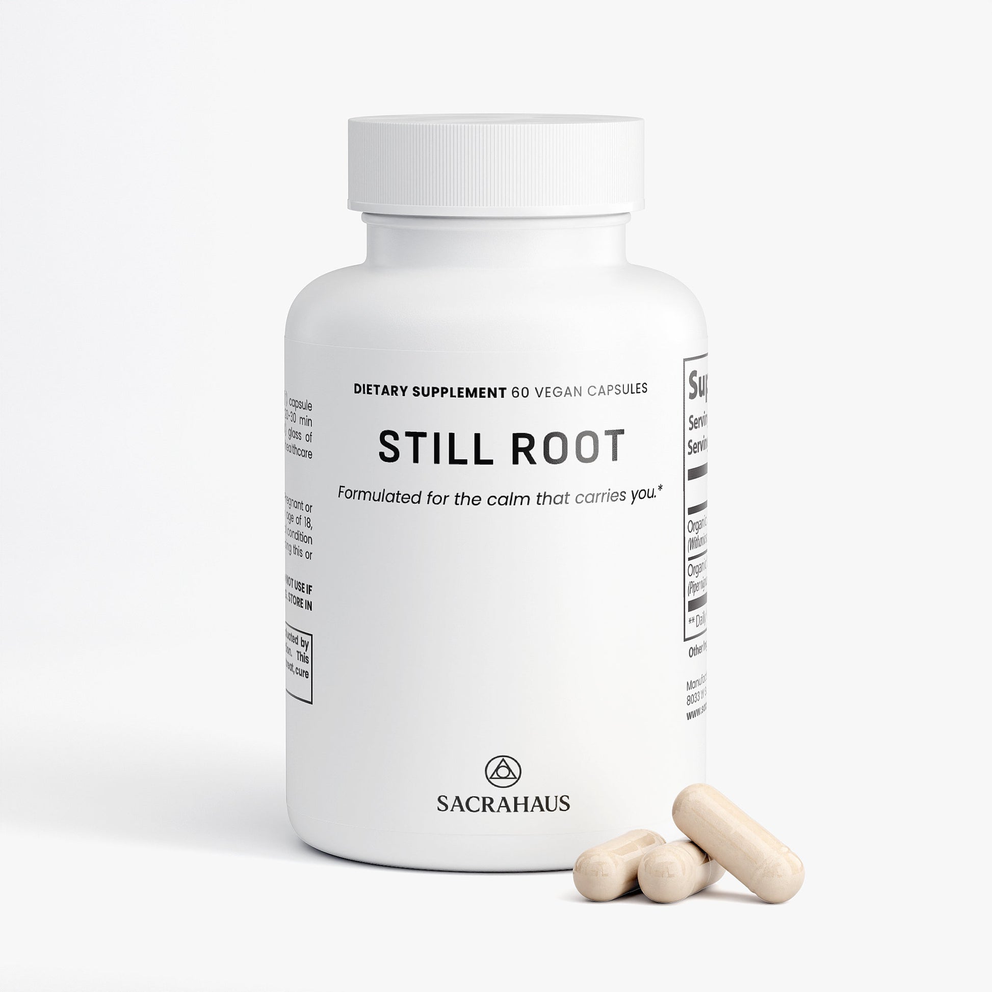 SACRAHAUS Still Root natural extract bottle with herbal supplements for anxiety and vegan capsules