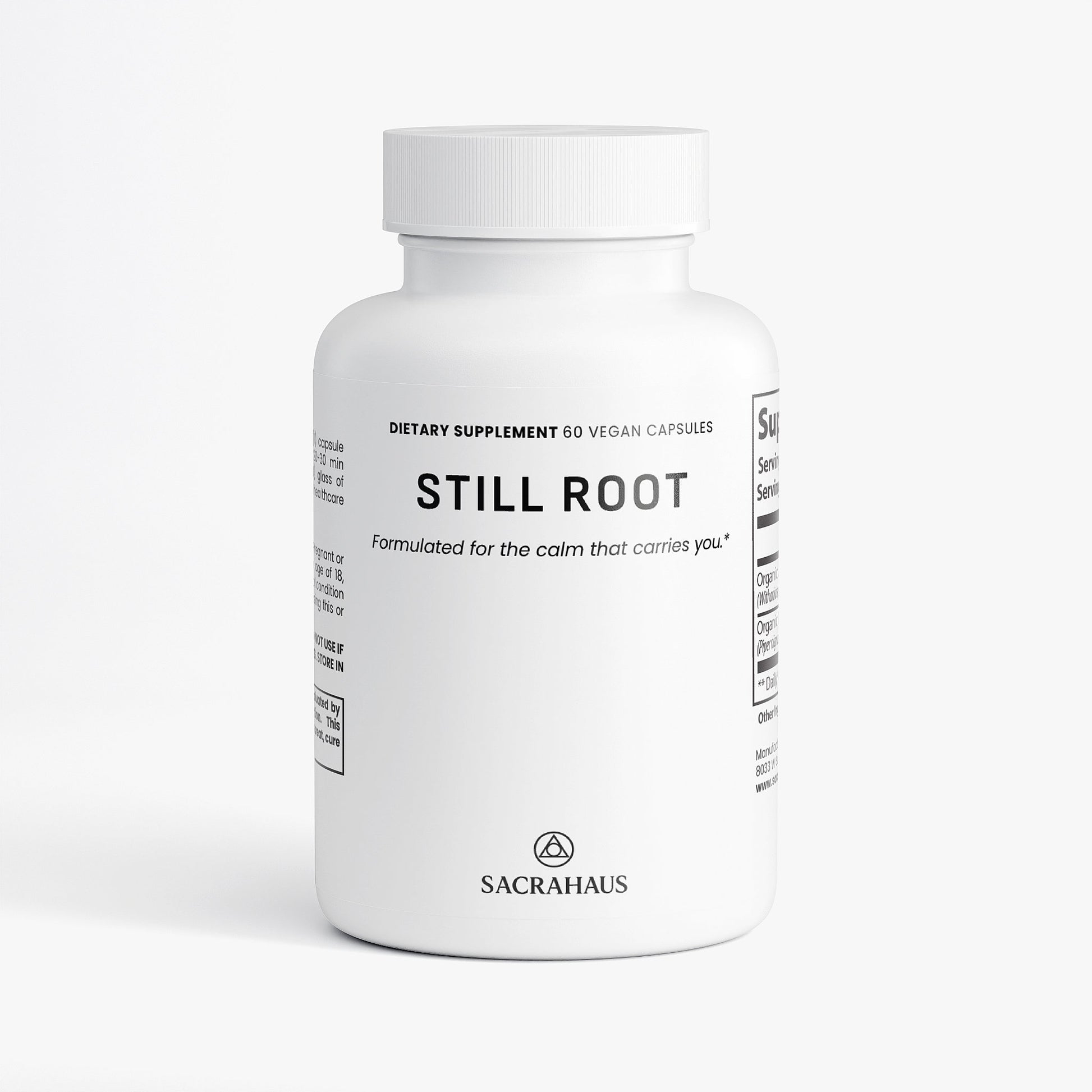 SACRAHAUS STILL ROOT dietary supplement bottle with 60 vegan capsules herbal supplements for anxiety