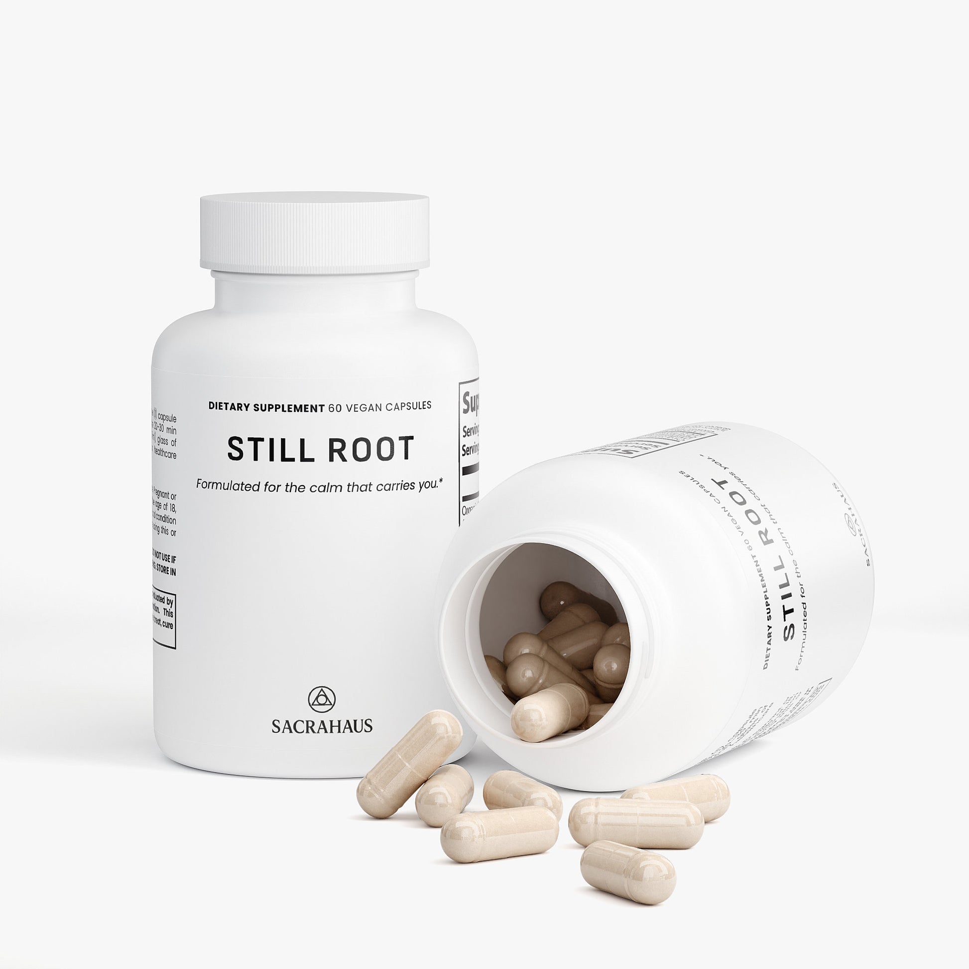 Sacrahaus Still Root natural extracts herbal supplements for anxiety in white bottle with capsules