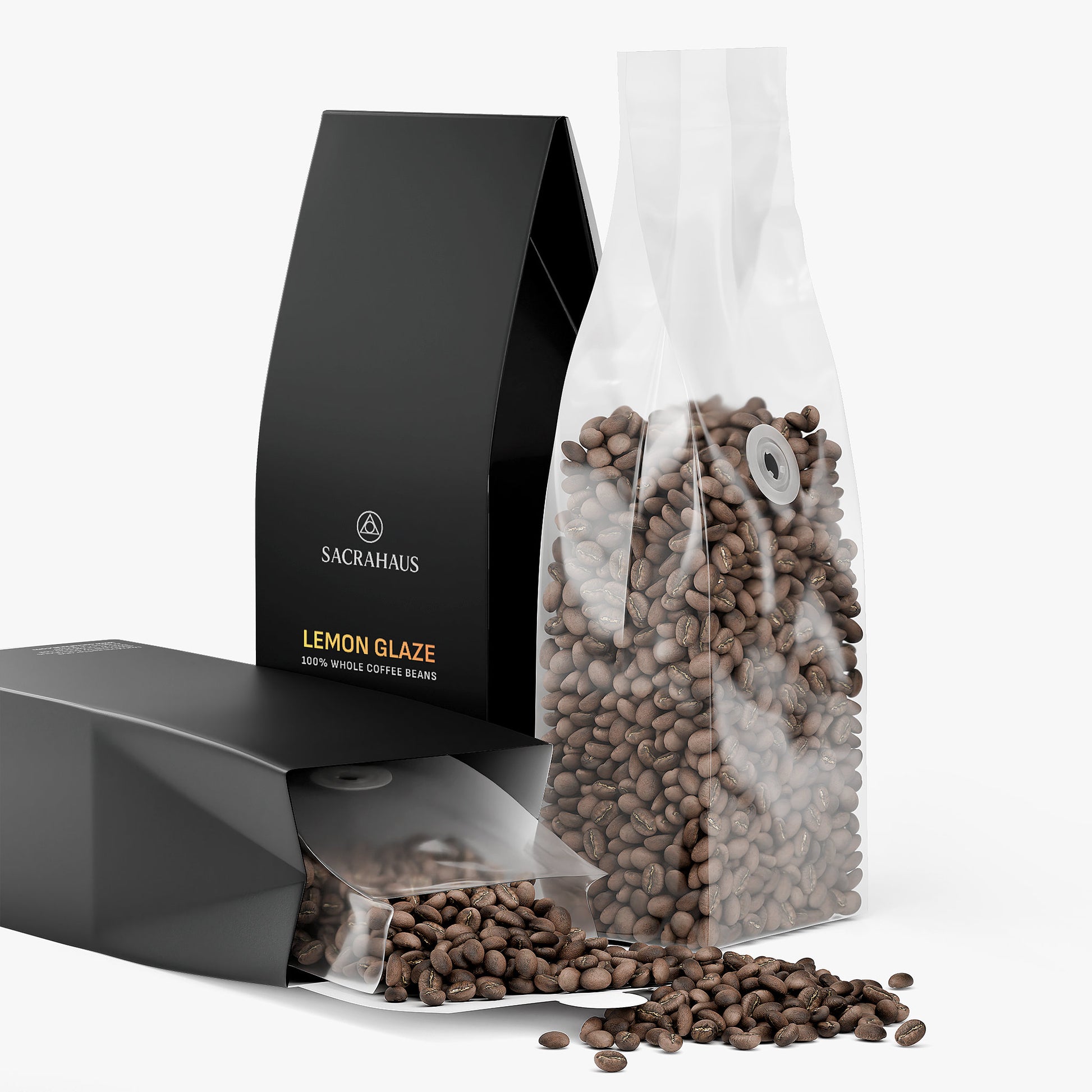 SACRAHAUS Lemon Glaze light roast coffee in a bag with whole coffee beans ready for brewing