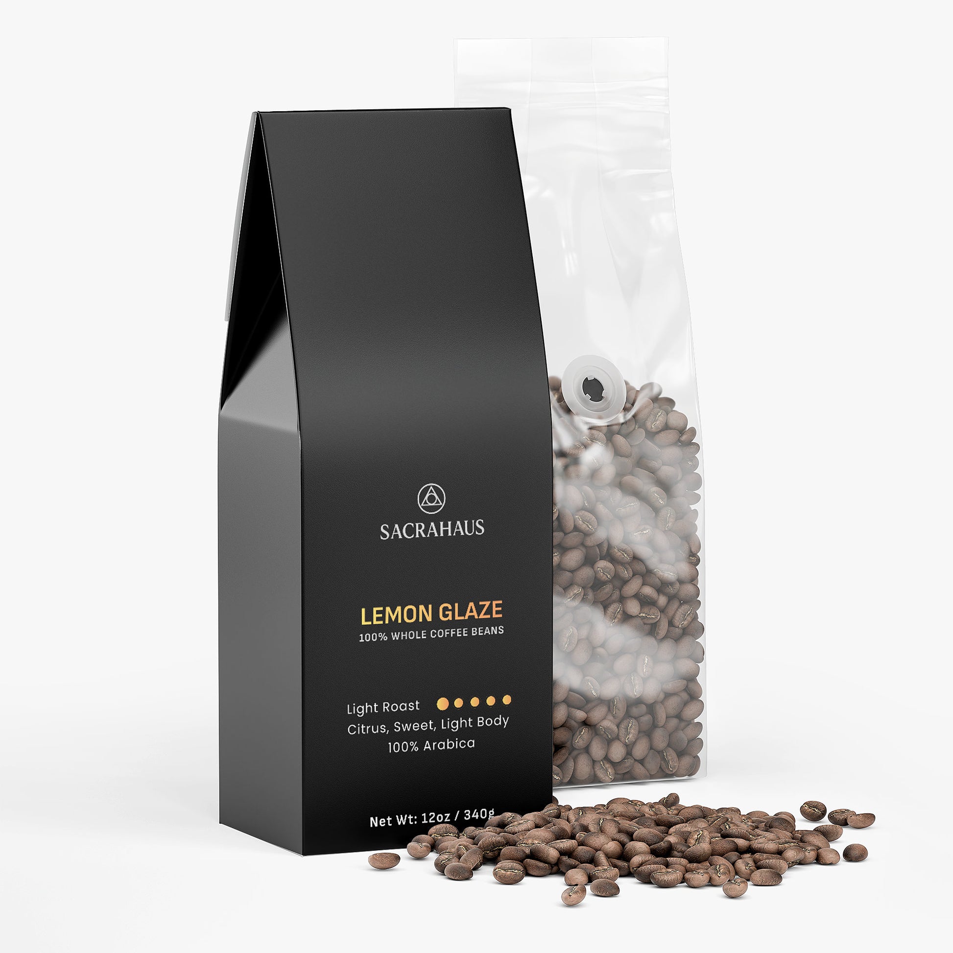 SACRAHAUS Lemon Glaze light roast coffee with whole beans and packaging on a clean background
