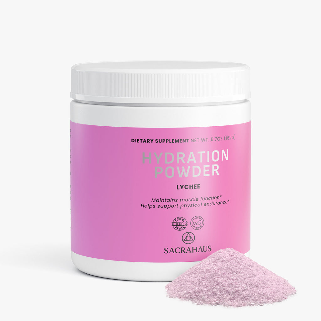 SACRAHAUS lychee hydration powder in pink container for maintaining muscle function and physical endurance