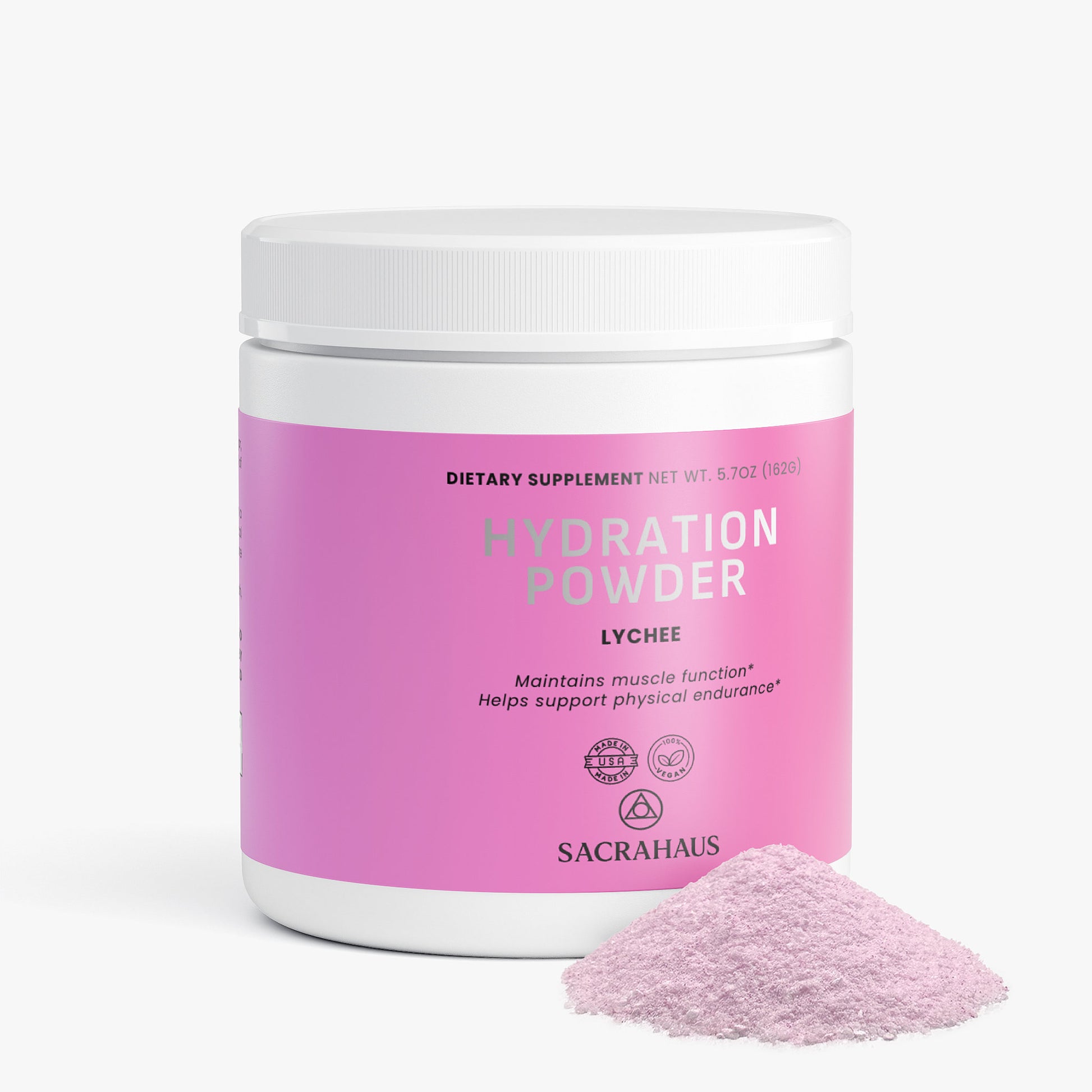 SACRAHAUS lychee hydration powder in pink container for maintaining muscle function and physical endurance