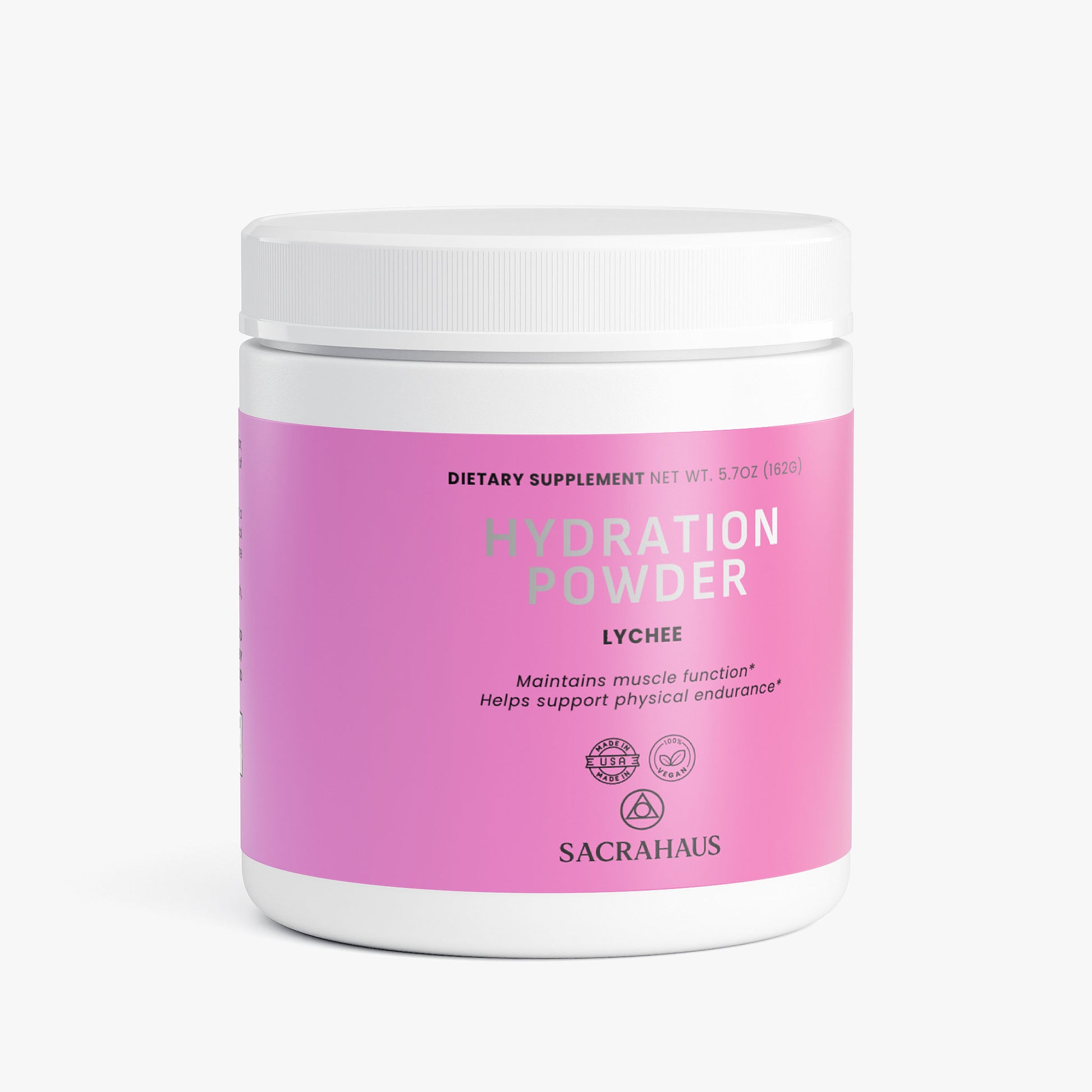 SACRAHAUS Lychee Hydration Powder container with pink label for intra-workout hydration and endurance support