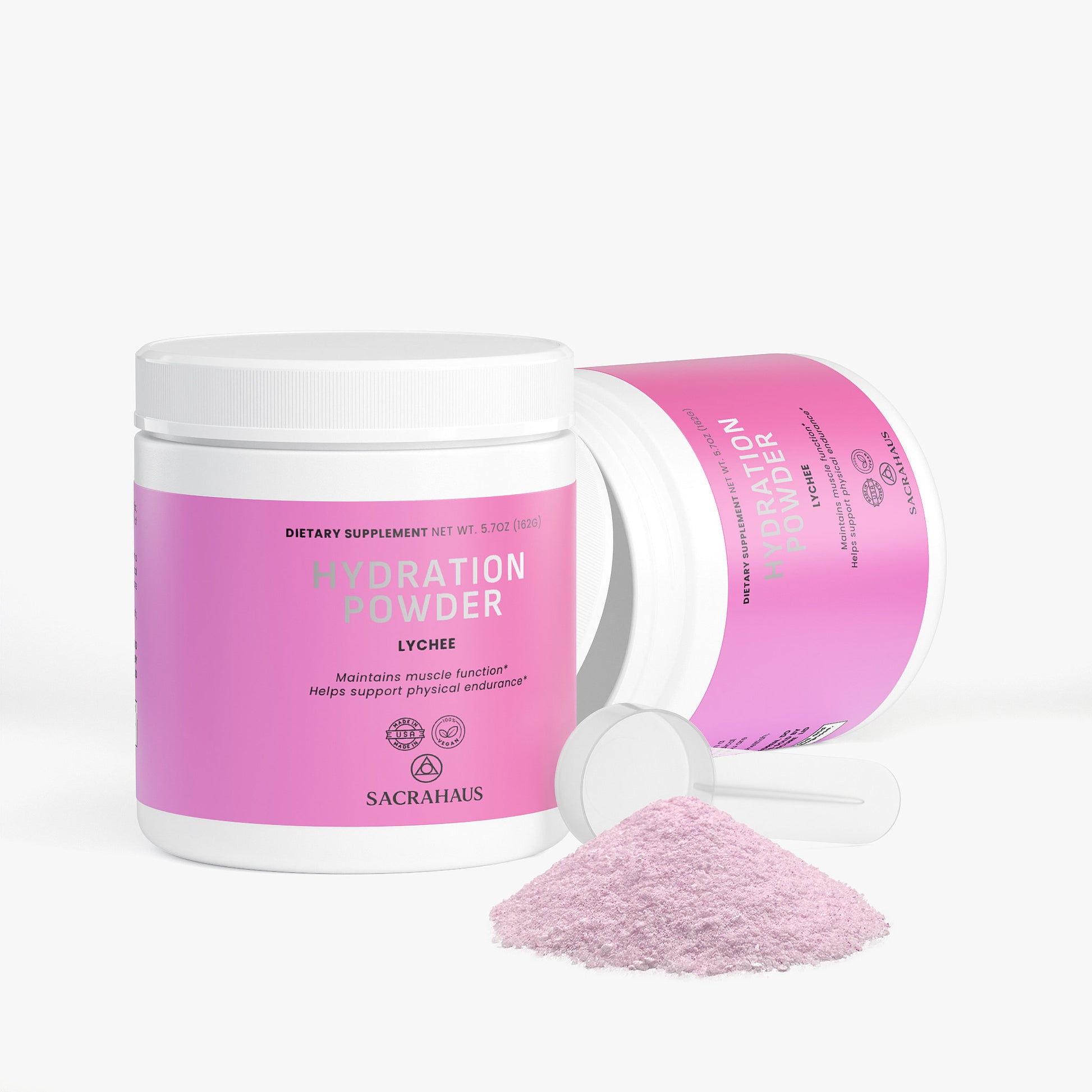 SACRAHAUS lychee hydration powder dietary supplement in a pink container with a scoop