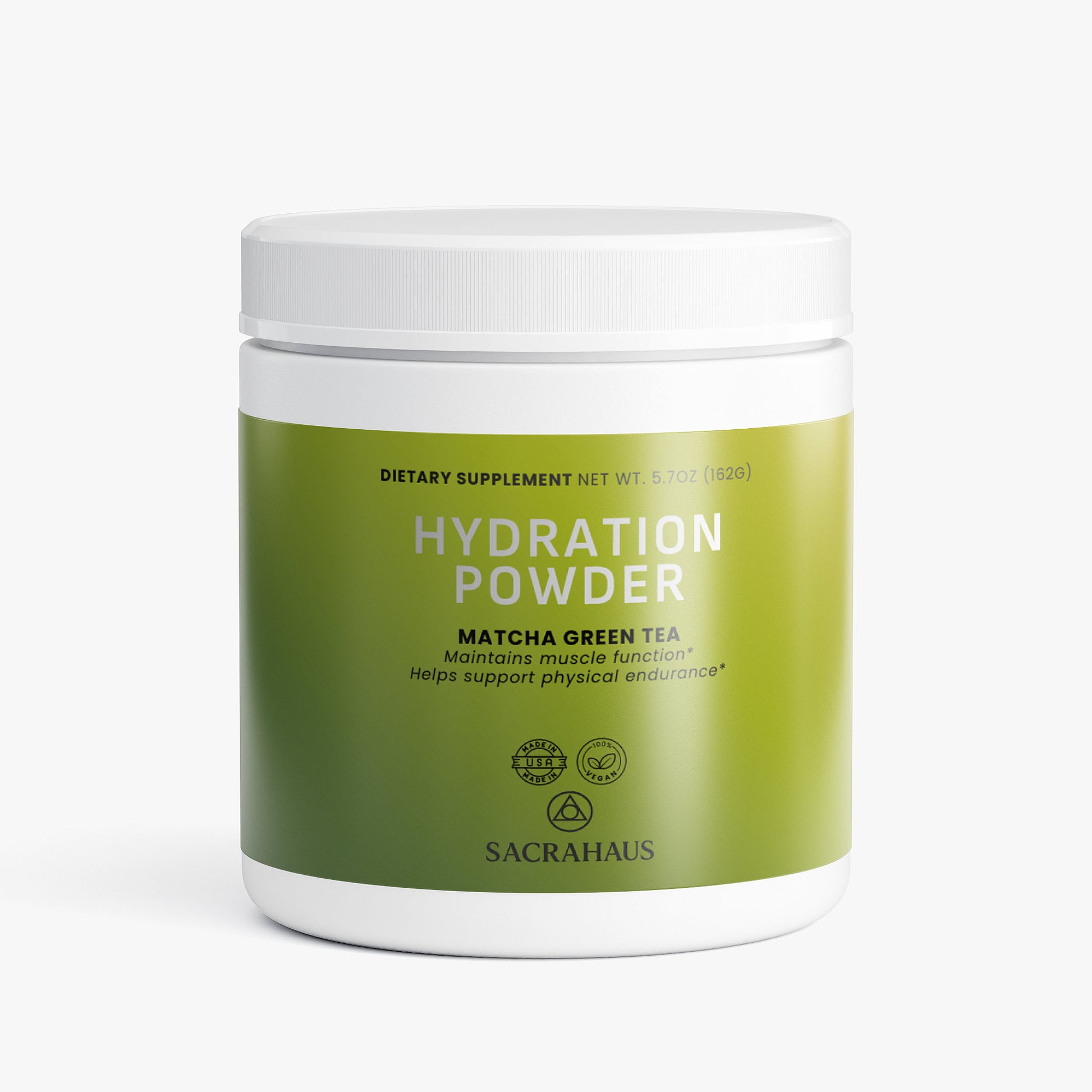 SACRAHAUS matcha hydration powder in green container for enhancing endurance and muscle function