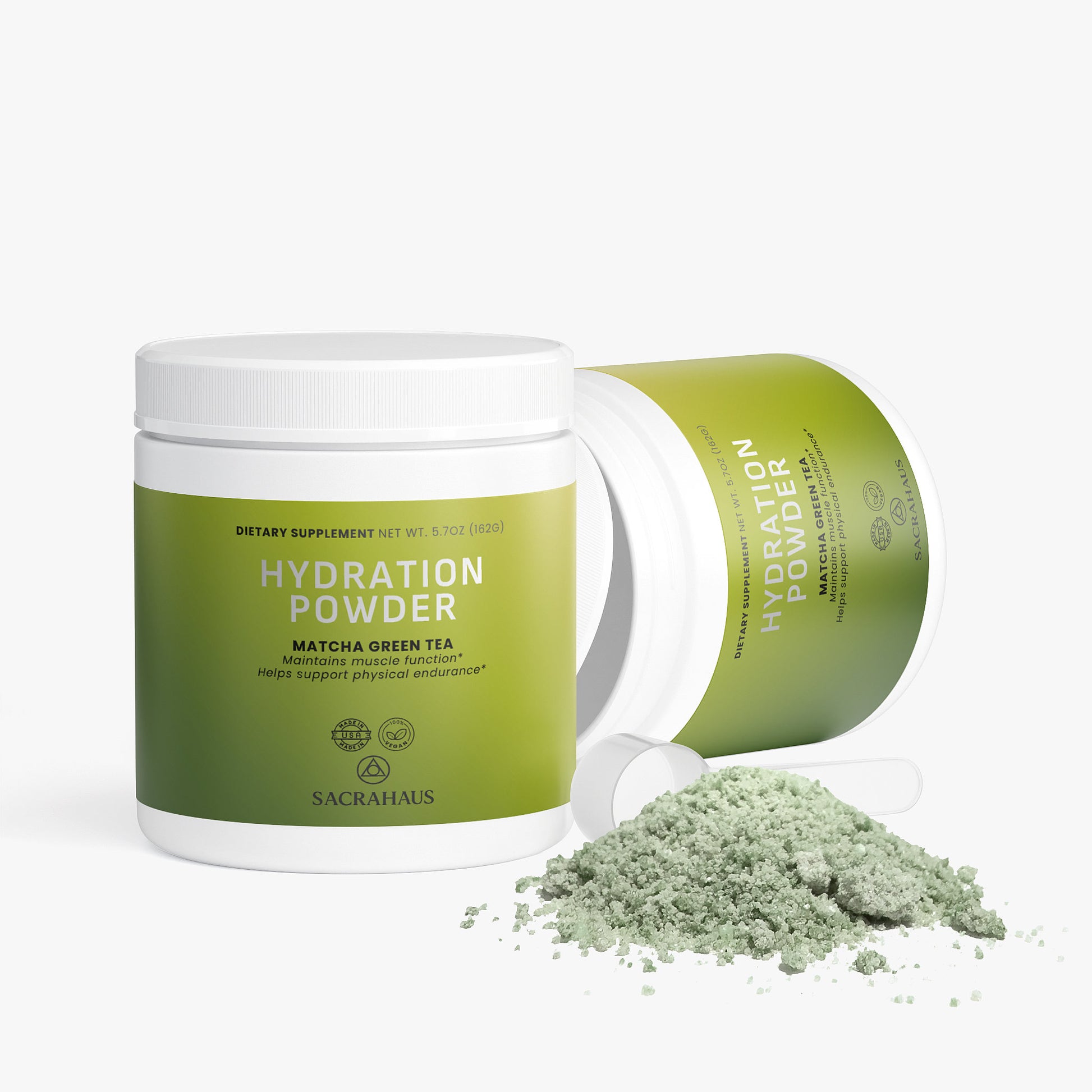 SACRAHAUS matcha hydration powder in a white jar with green label, promoting physical endurance.