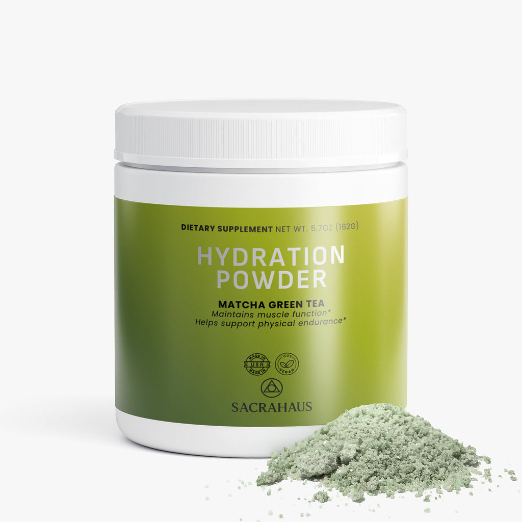 SACRAHAUS matcha hydration powder in a white tub for maintaining muscle function and endurance