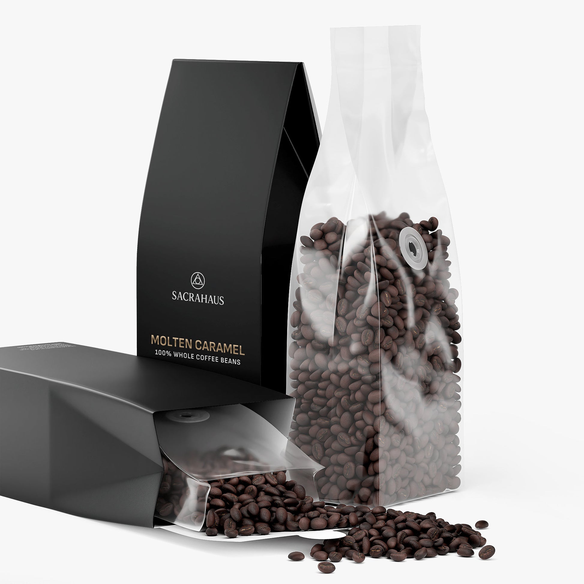 SACRAHAUS molten caramel dark roast coffee in premium packaging with whole coffee beans