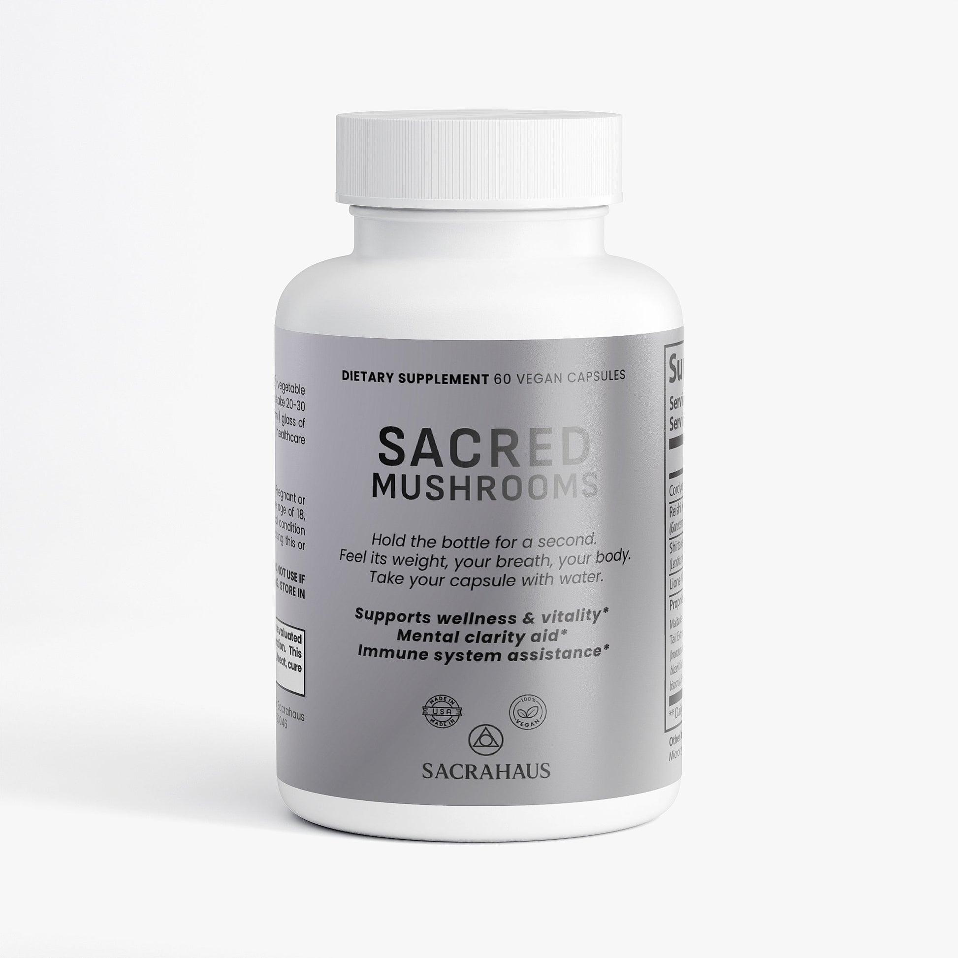 SACRAHAUS Sacred Mushrooms in a bottle of 60 vegan capsules for mushroom complex supplement