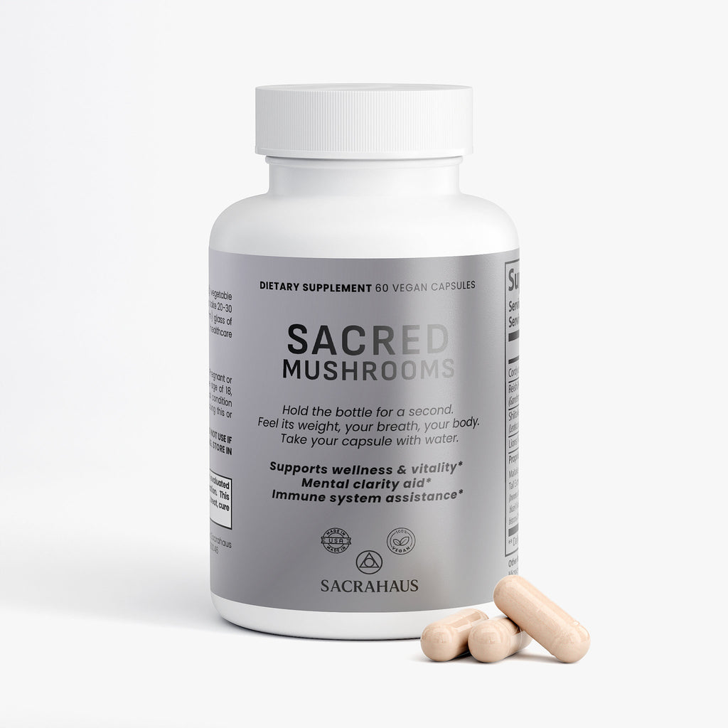 SACRAHAUS Mushroom Complex Supplement in a bottle with 60 vegan capsules for wellness and immune support