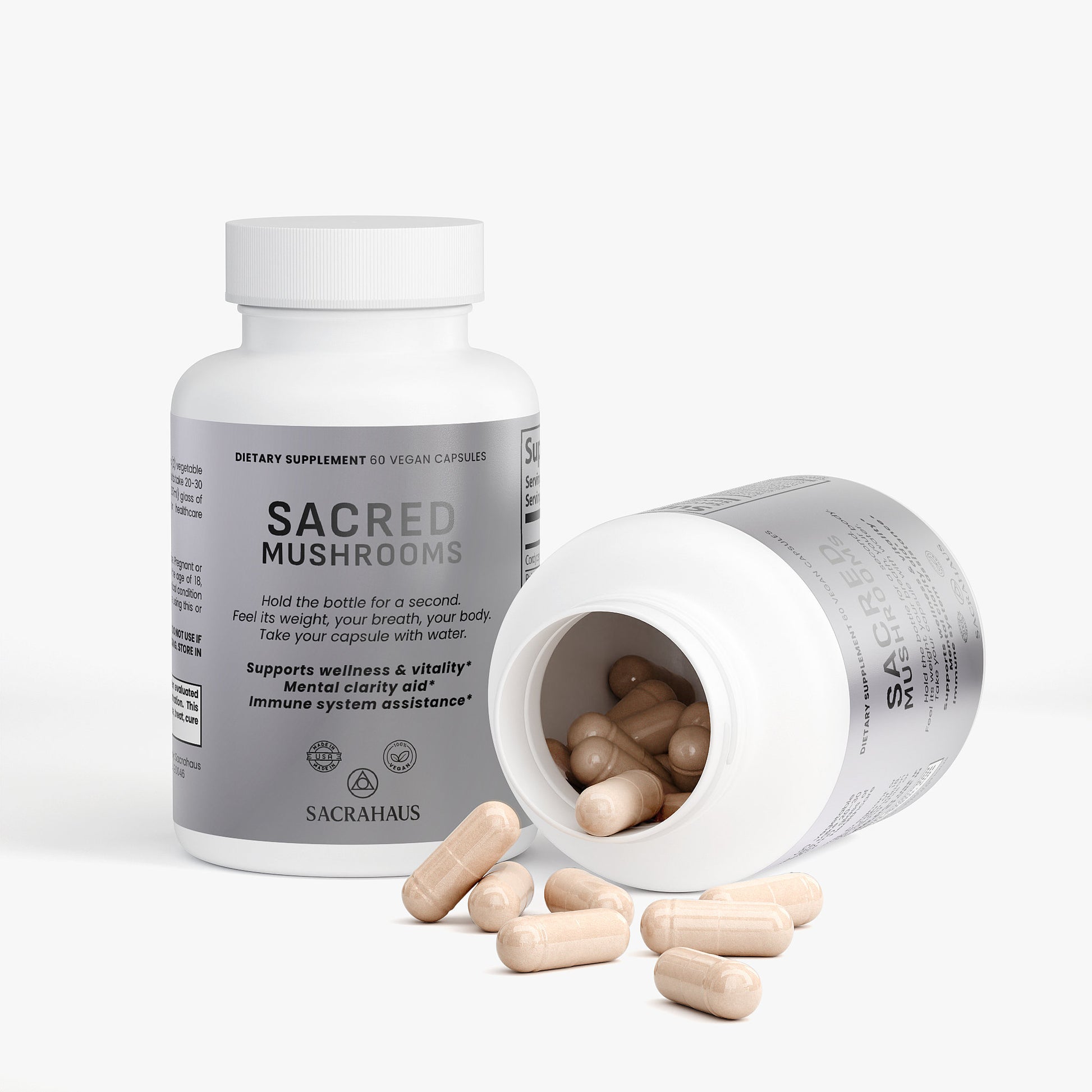 SACRAHAUS Mushroom Complex Supplement Capsules in a White Bottle for Wellness and Vitality Support