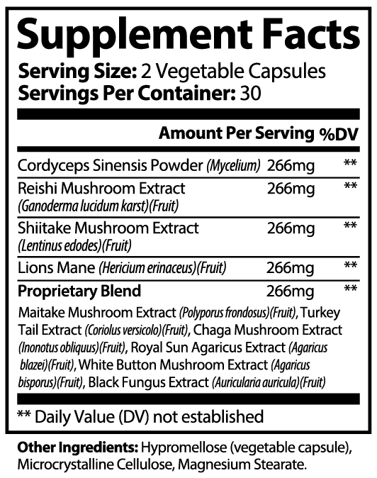 SACRAHAUS mushroom complex supplement label showing serving details and ingredients in vegetable capsules