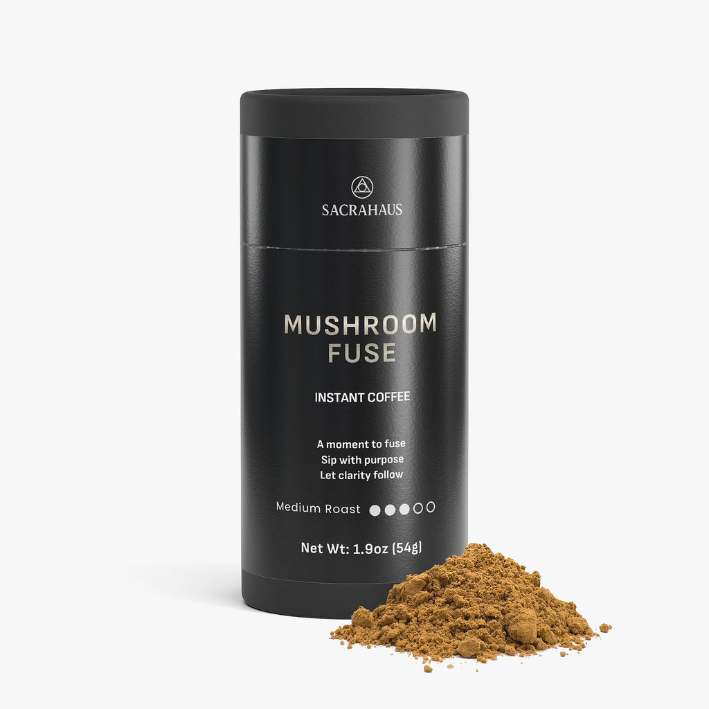 SACRAHAUS Mushroom Instant Coffee in a sleek black container with ground coffee displayed
