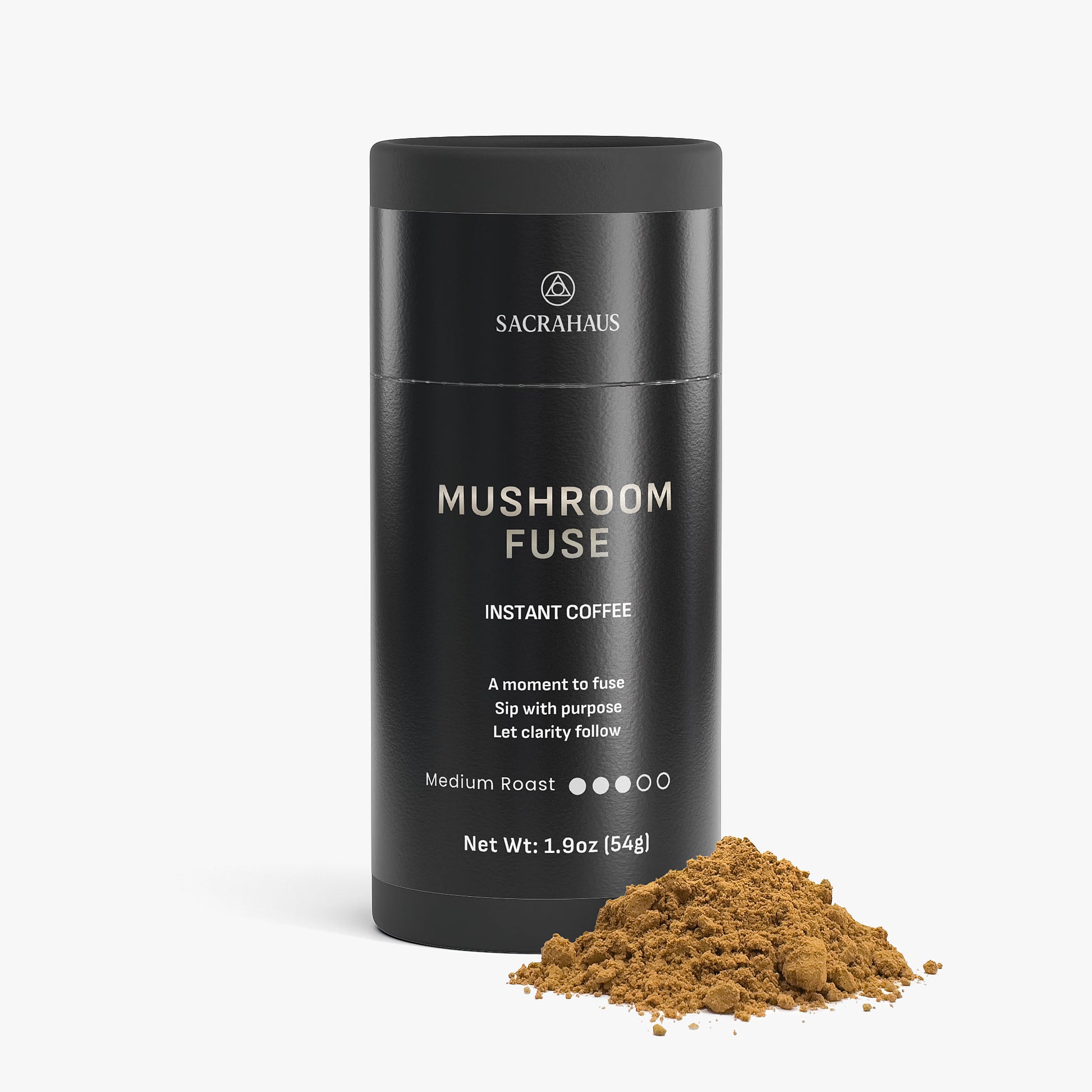 SACRAHAUS Mushroom Instant Coffee in a sleek black container with ground coffee displayed