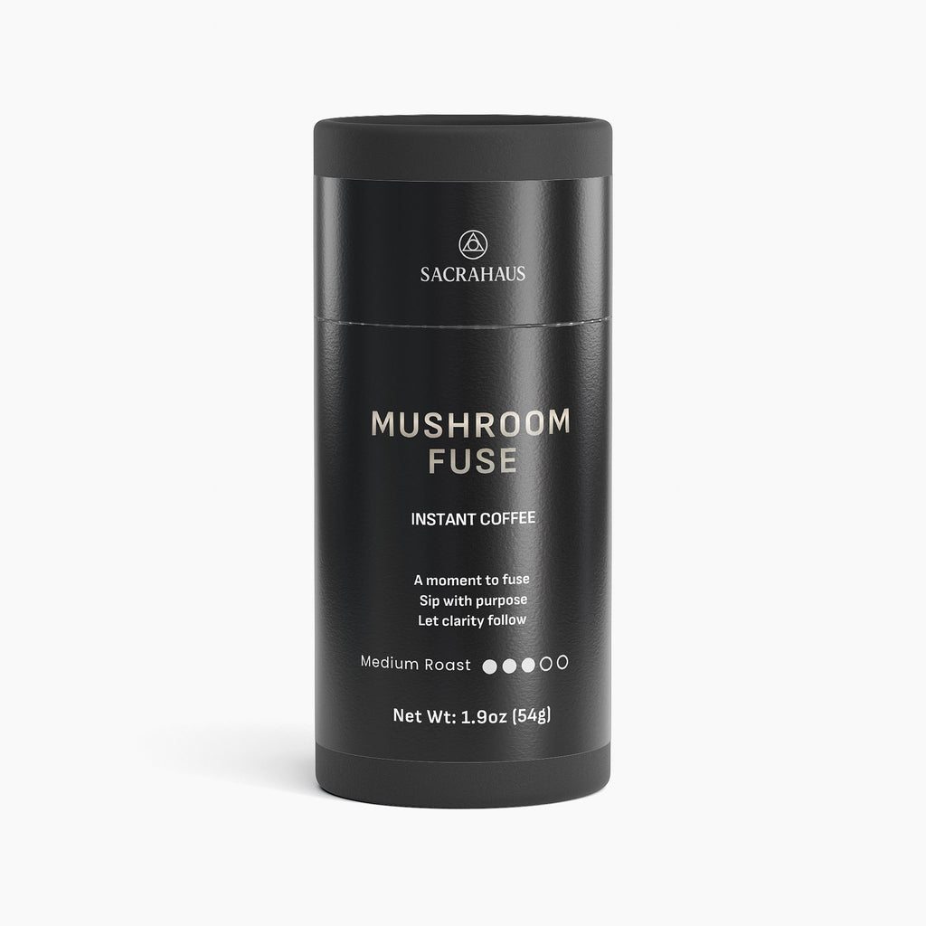 SACRAHAUS Mushroom Instant Coffee in a sleek black container with medium roast details
