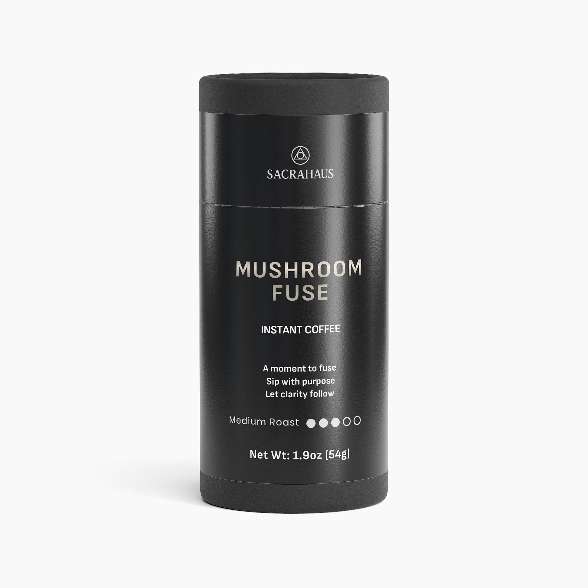 SACRAHAUS Mushroom Instant Coffee in a sleek black container with medium roast details