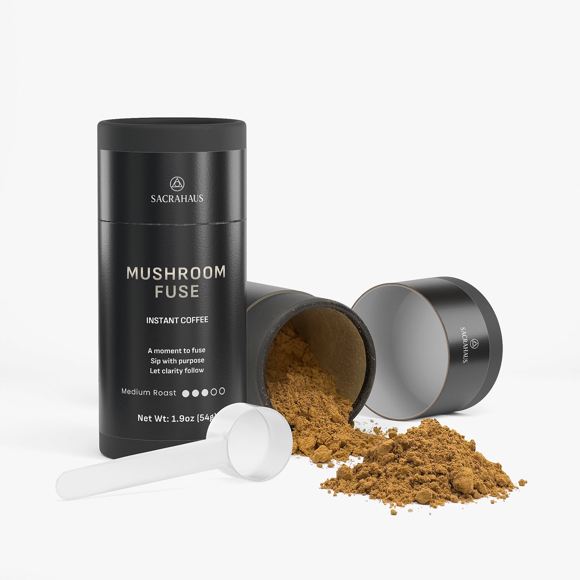 SACRAHAUS Mushroom Instant Coffee in a Black Container with Spoon and Spilled Powder