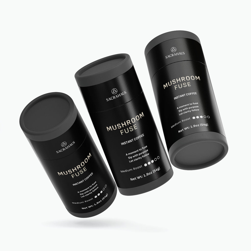 SACRAHAUS Mushroom Instant Coffee canisters in sleek black packaging showcasing modern design