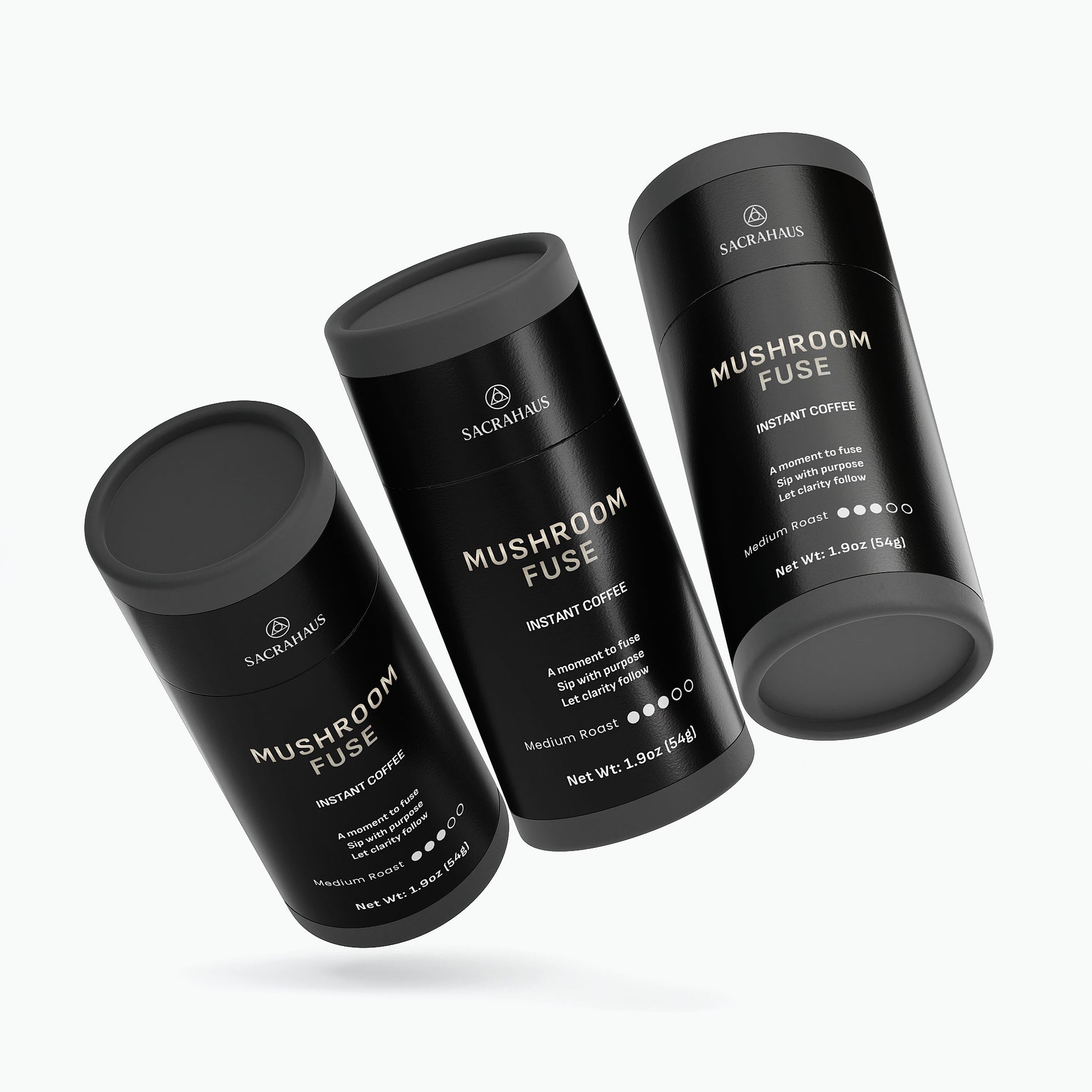 SACRAHAUS Mushroom Instant Coffee canisters in sleek black packaging showcasing modern design