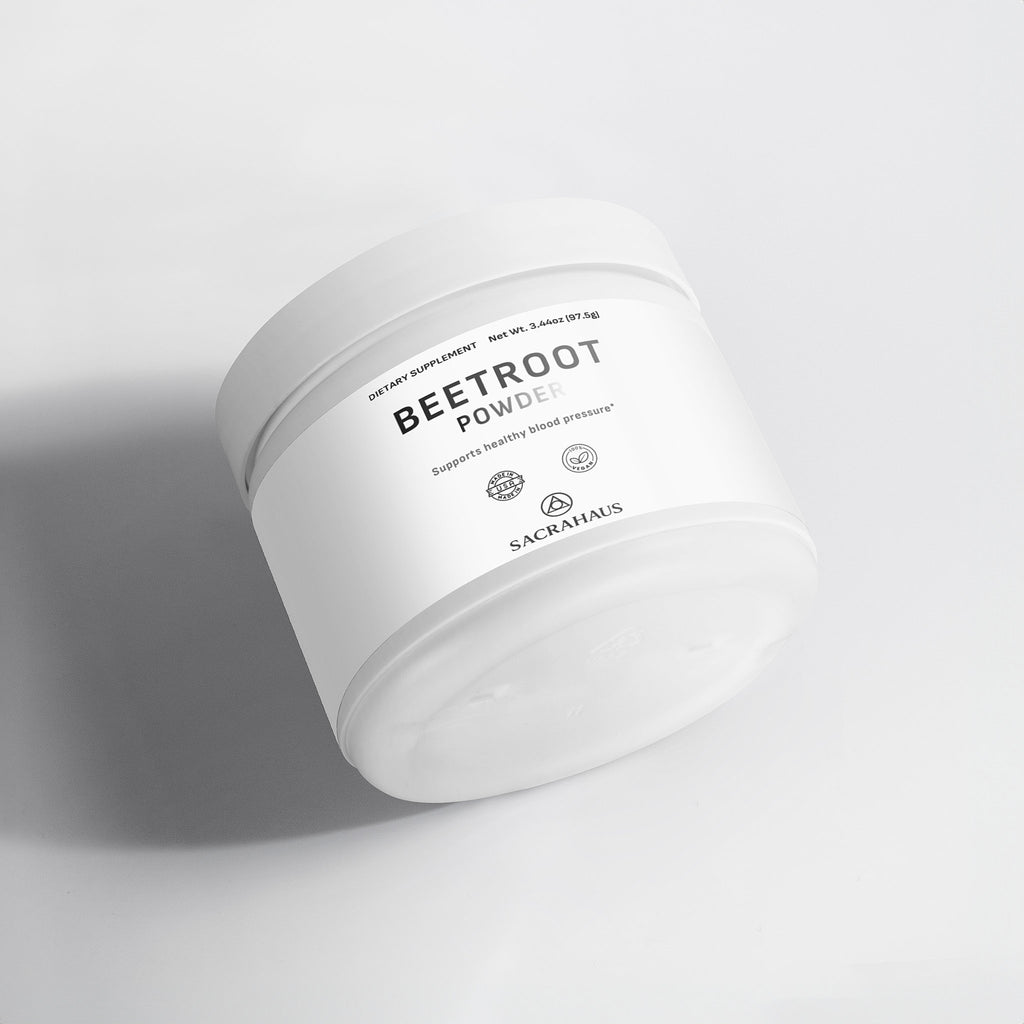 SACRAHAUS organic beetroot powder supplement in a white container for post-workout recovery