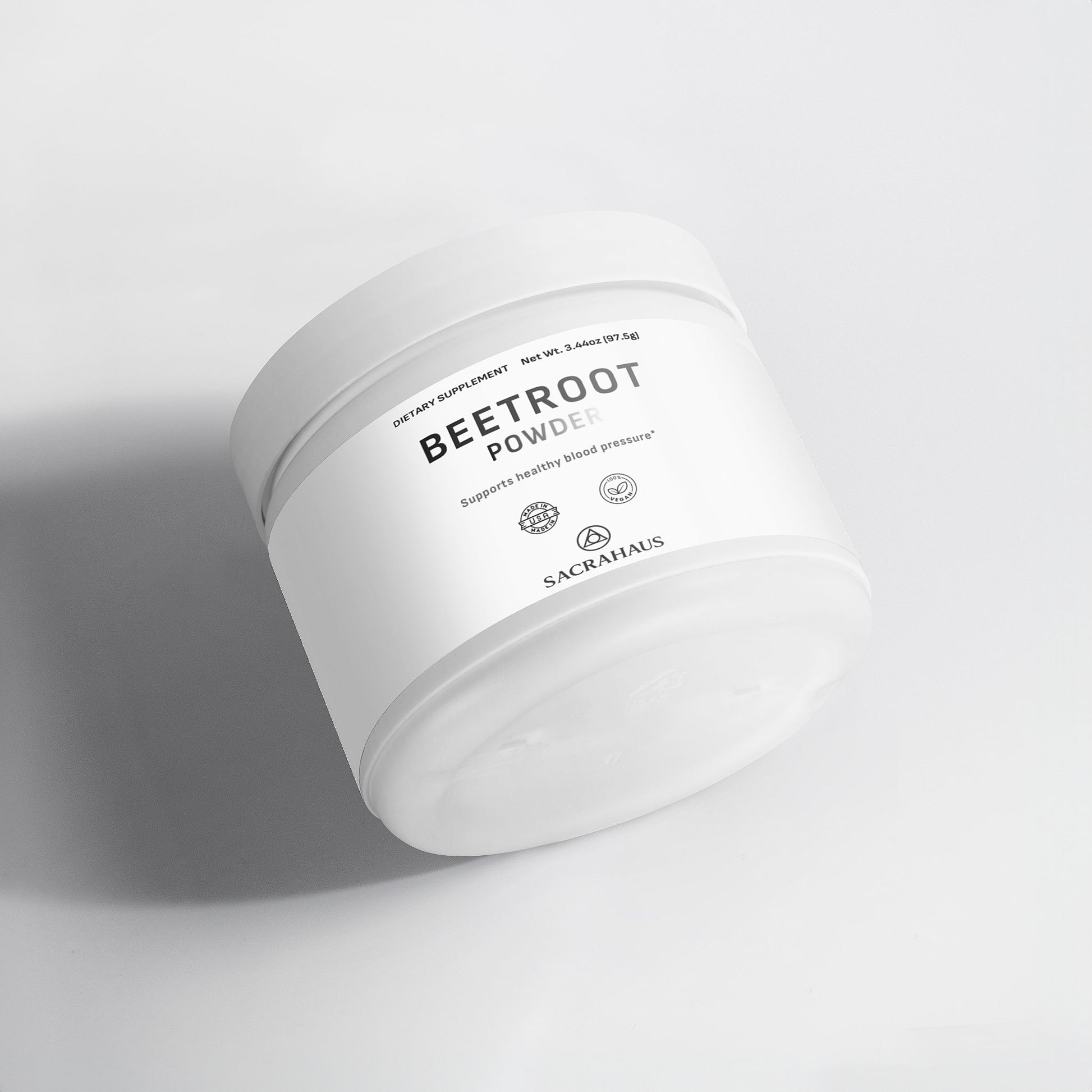 SACRAHAUS organic beetroot powder supplement in a white container for post-workout recovery