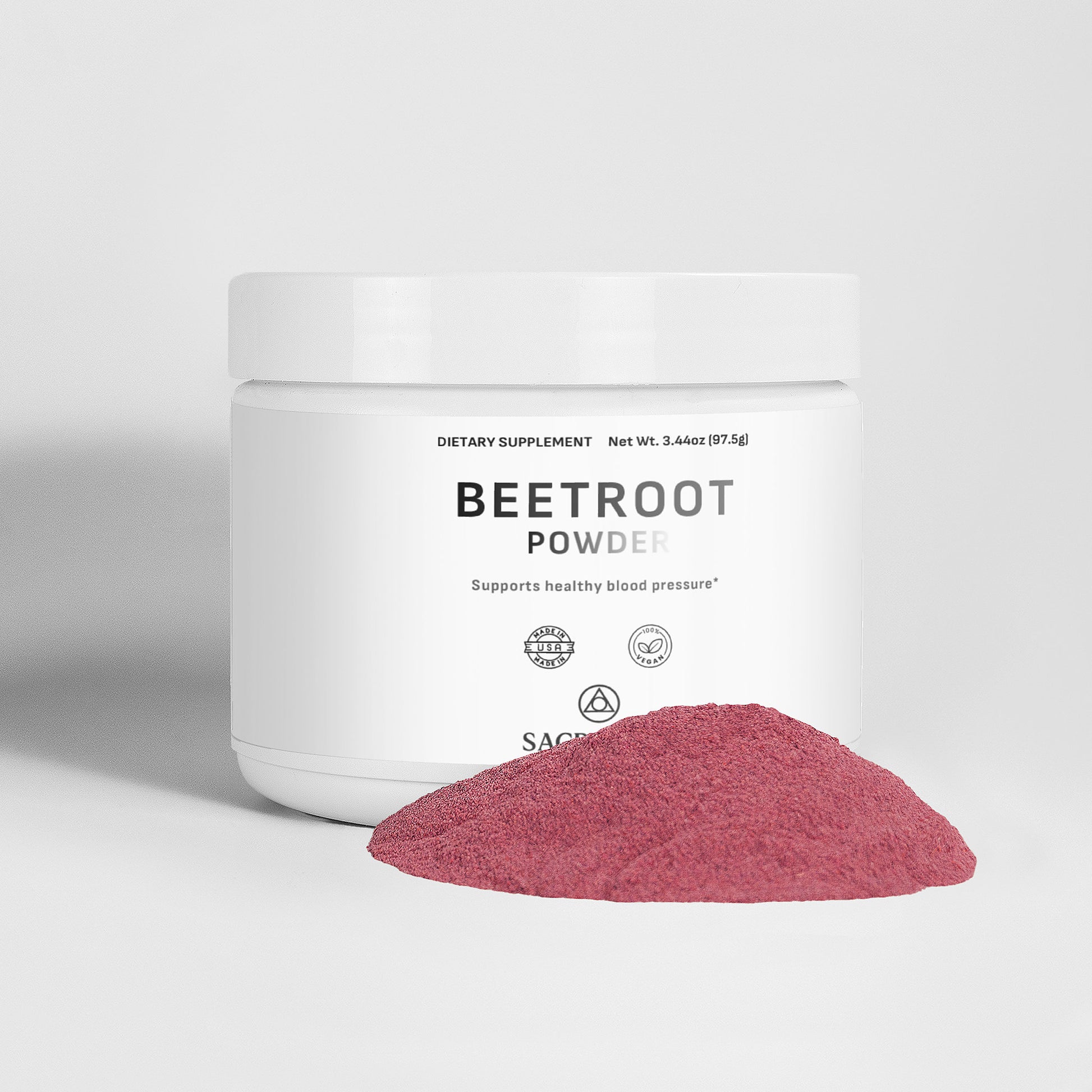 SACRAHAUS organic beetroot powder supplement in white container with powder spread on surface