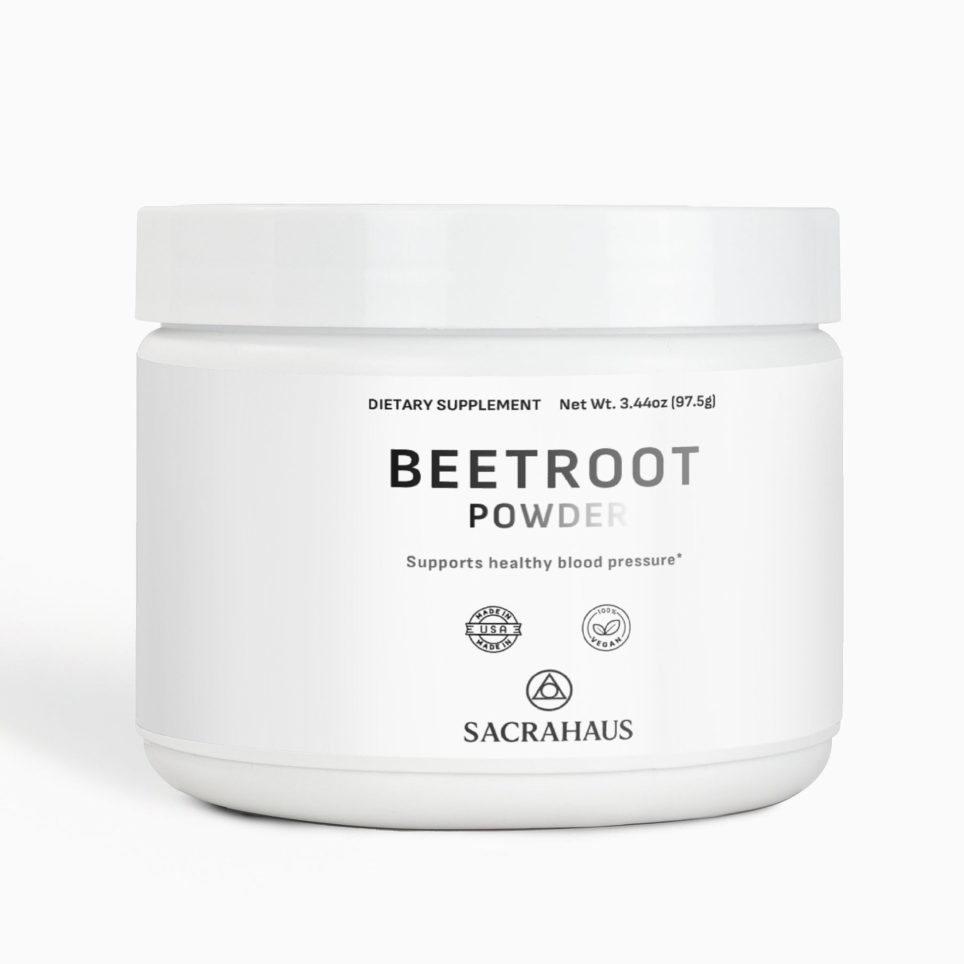 SACRAHAUS organic beetroot powder supplement in a white container for post-workout recovery