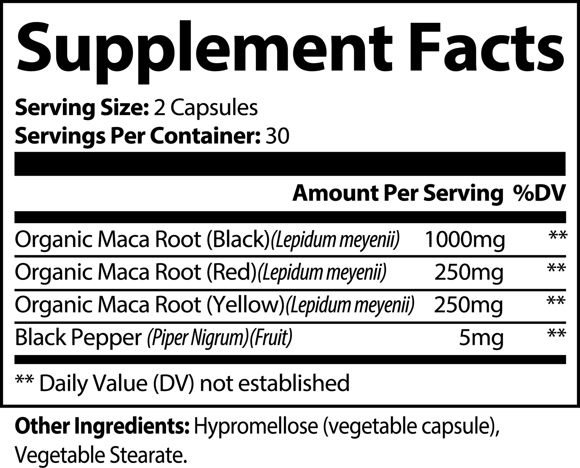 Organic Maca Supplement Capsules with Black, Red, and Yellow Maca Roots and Black Pepper for Wellness