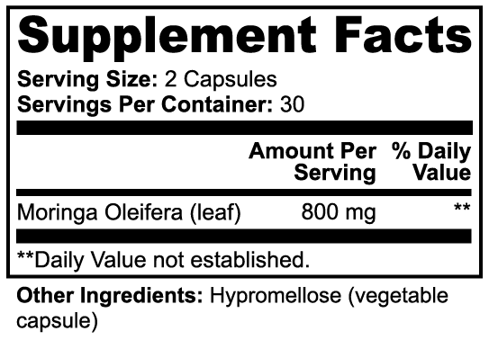 SACRAHAUS organic moringa capsules with details on serving size and nutritional information