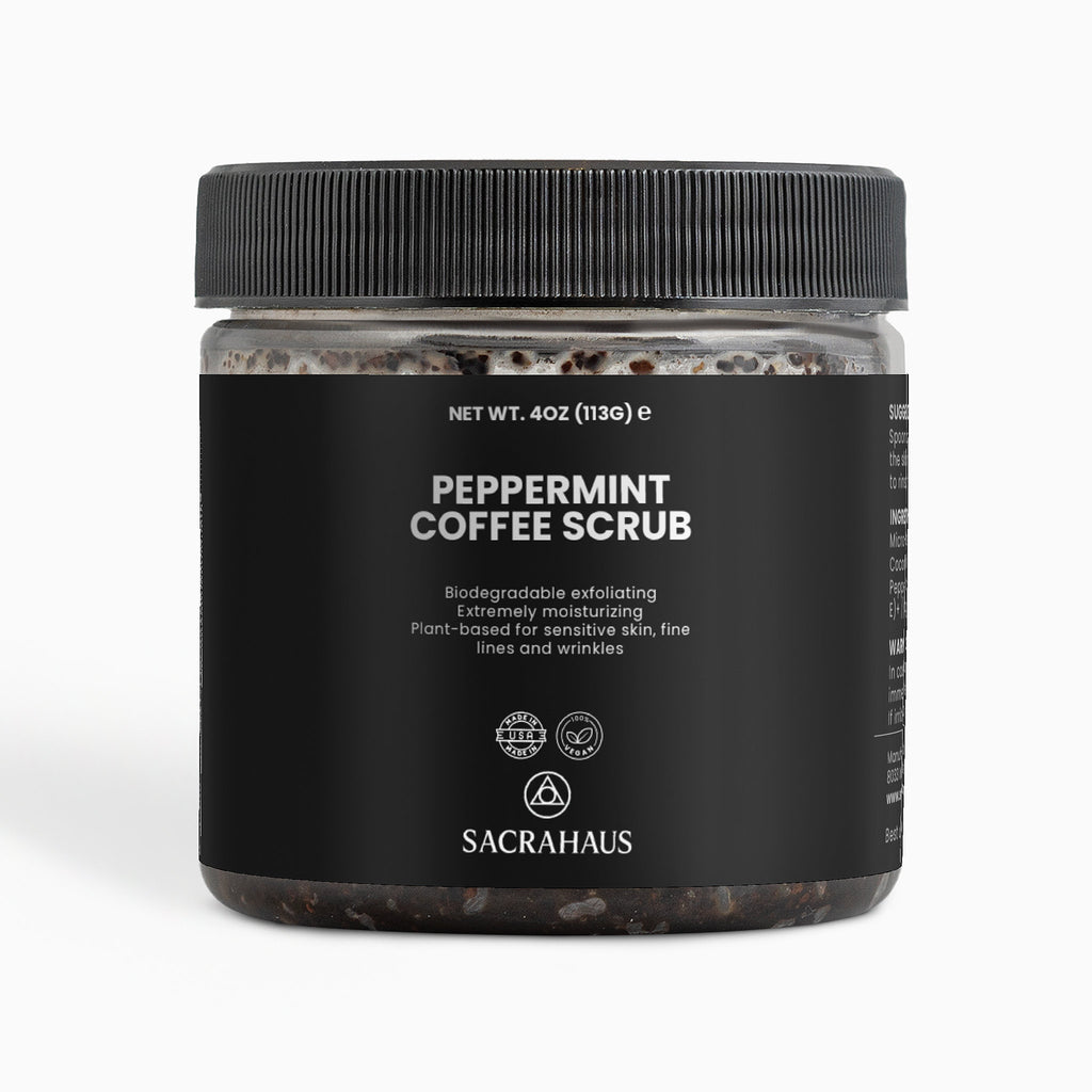 SACRAHAUS Peppermint Coffee Scrub for Sensitive Skin in a black jar, 40 oz packaging.