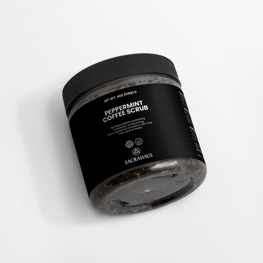 SACRAHAUS Peppermint Coffee Scrub for Sensitive Skin in a stylish black jar for gentle exfoliation