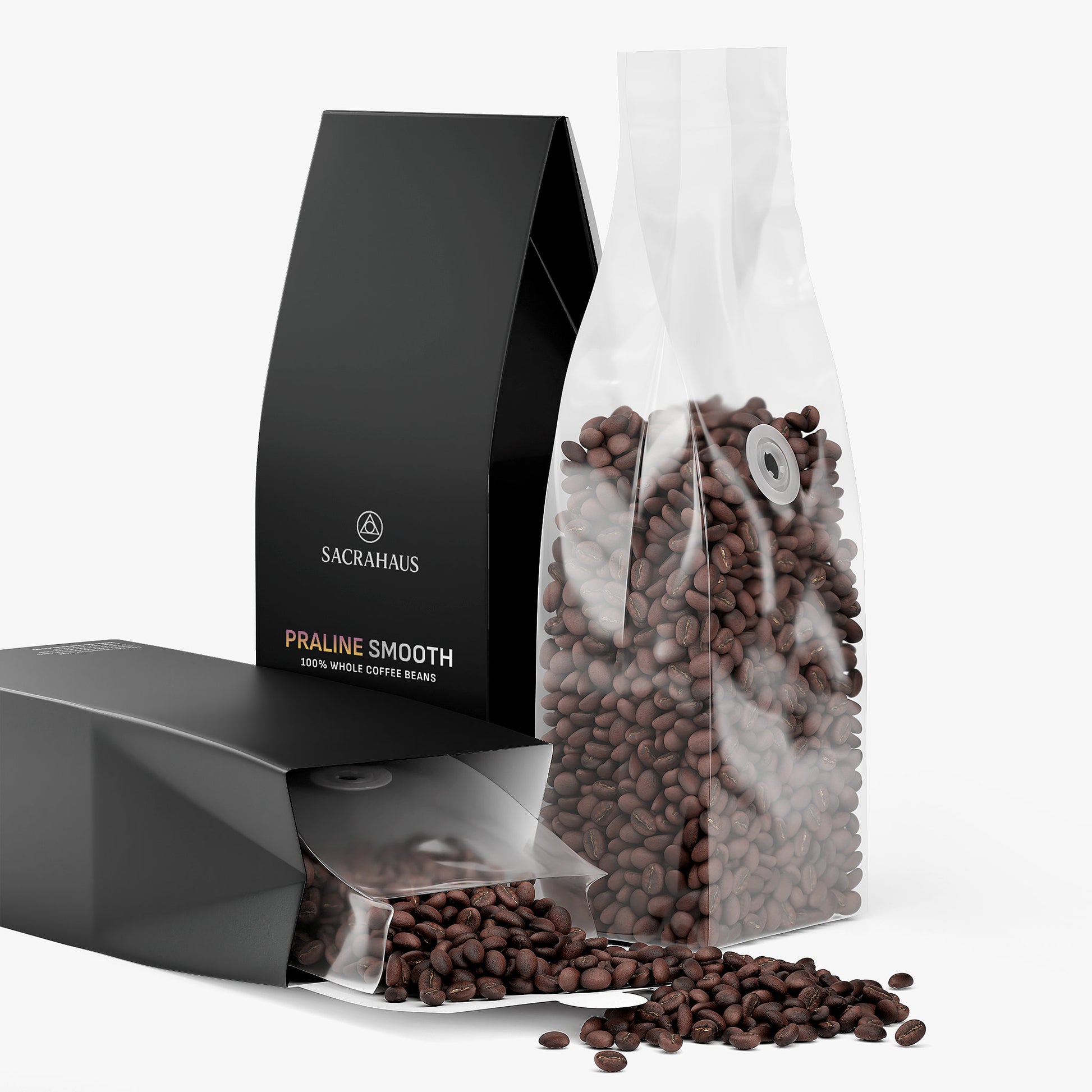 SACRAHAUS Praline Smooth coffee beans in a sleek black package with transparent window