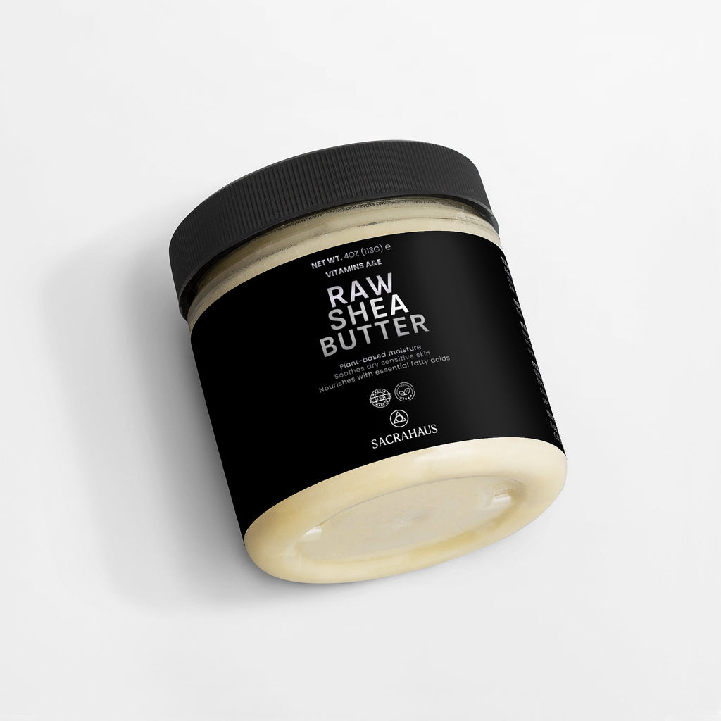SACRAHAUS Raw Shea Butter for Skin in a sleek jar, ideal for moisturizing and nourishing dry skin