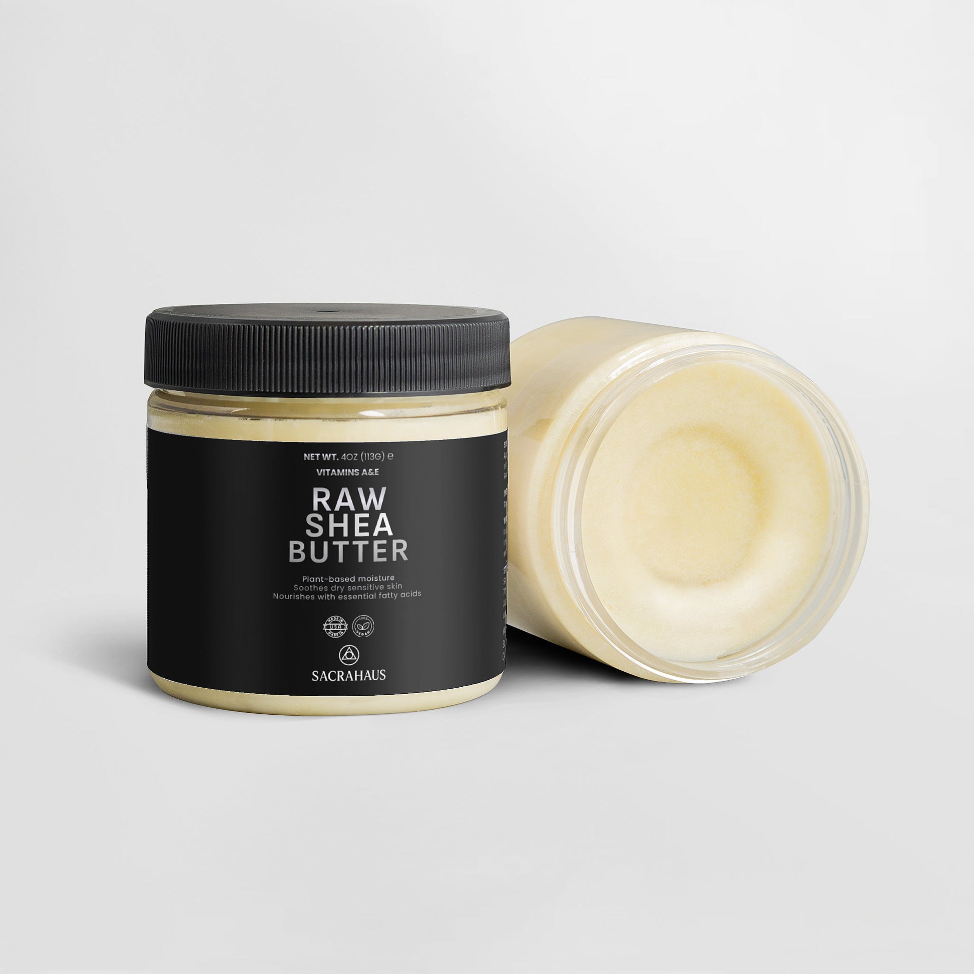 SACRAHAUS Raw Shea Butter for skin in a clear jar with a black lid, perfect for moisturizing and nourishing
