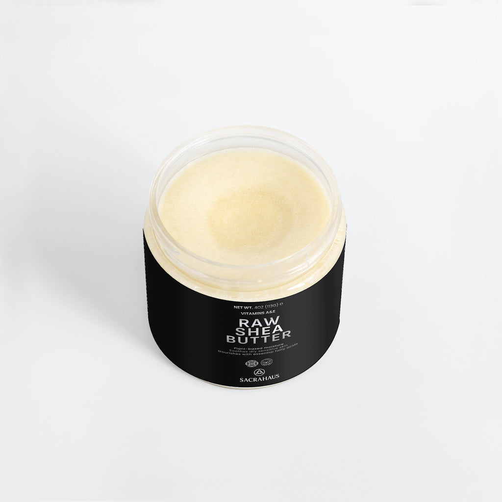 SACRAHAUS raw shea butter for skin in a clear jar with a black label, perfect for moisturizing