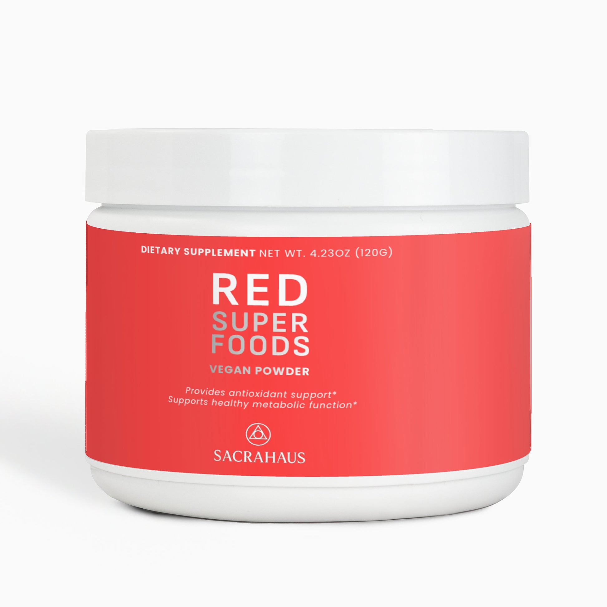 SACRAHAUS red superfood powder vegan in a white container for antioxidant support and healthy metabolism