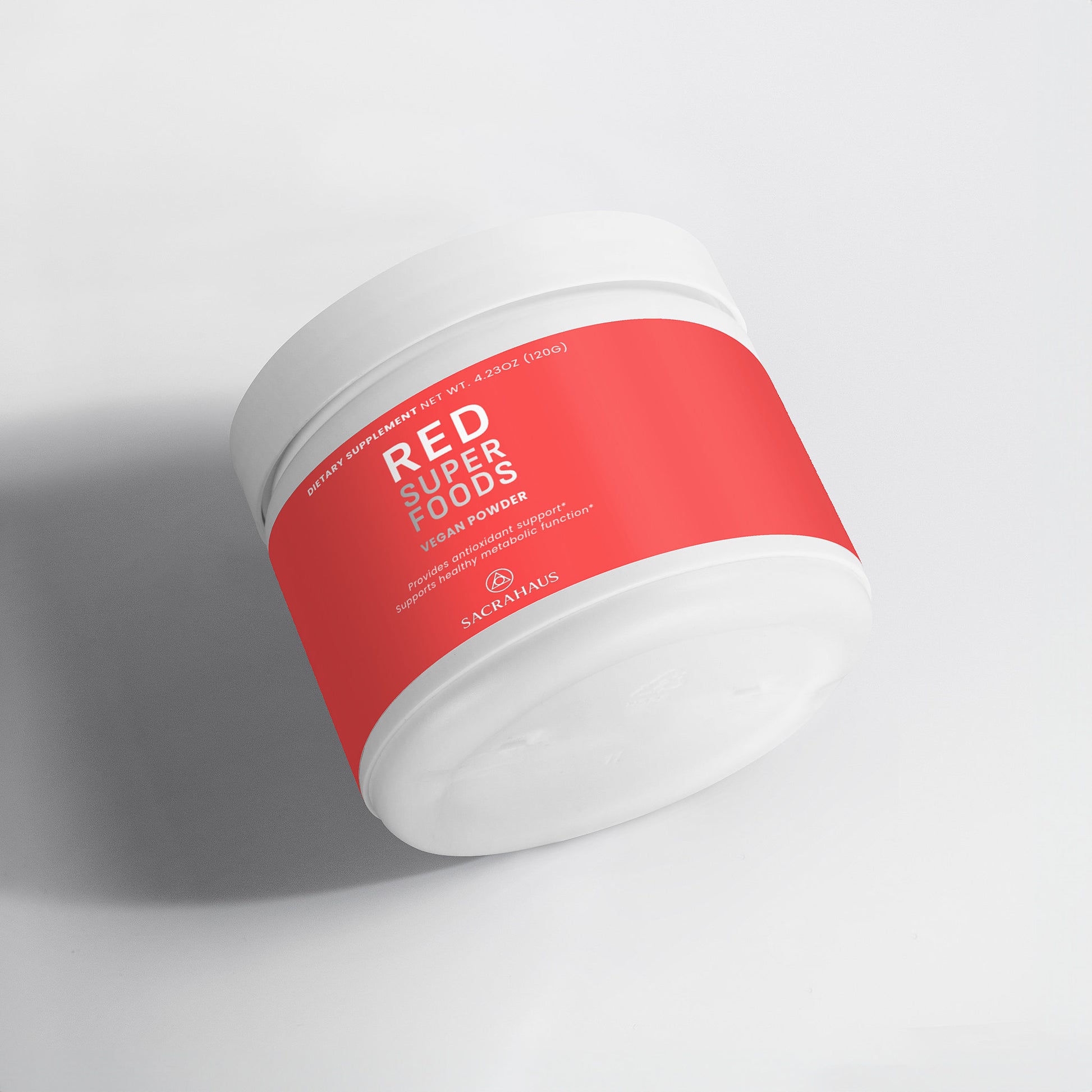 SACRAHAUS red superfood powder vegan in a white container with a red label for health and nutrition