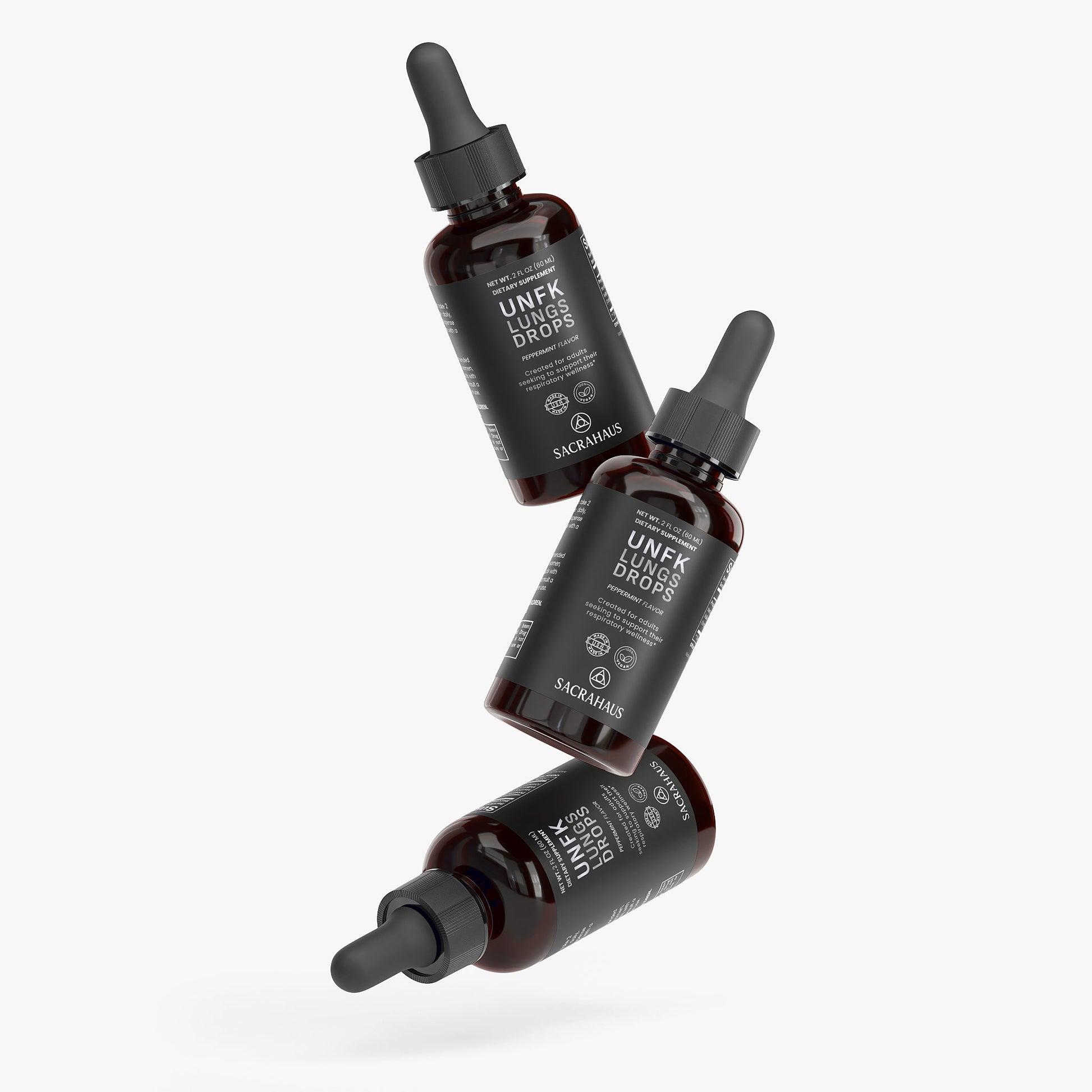 SACRAHAUS Respiratory Health Drops in dark glass bottles with dropper for easy dispensing