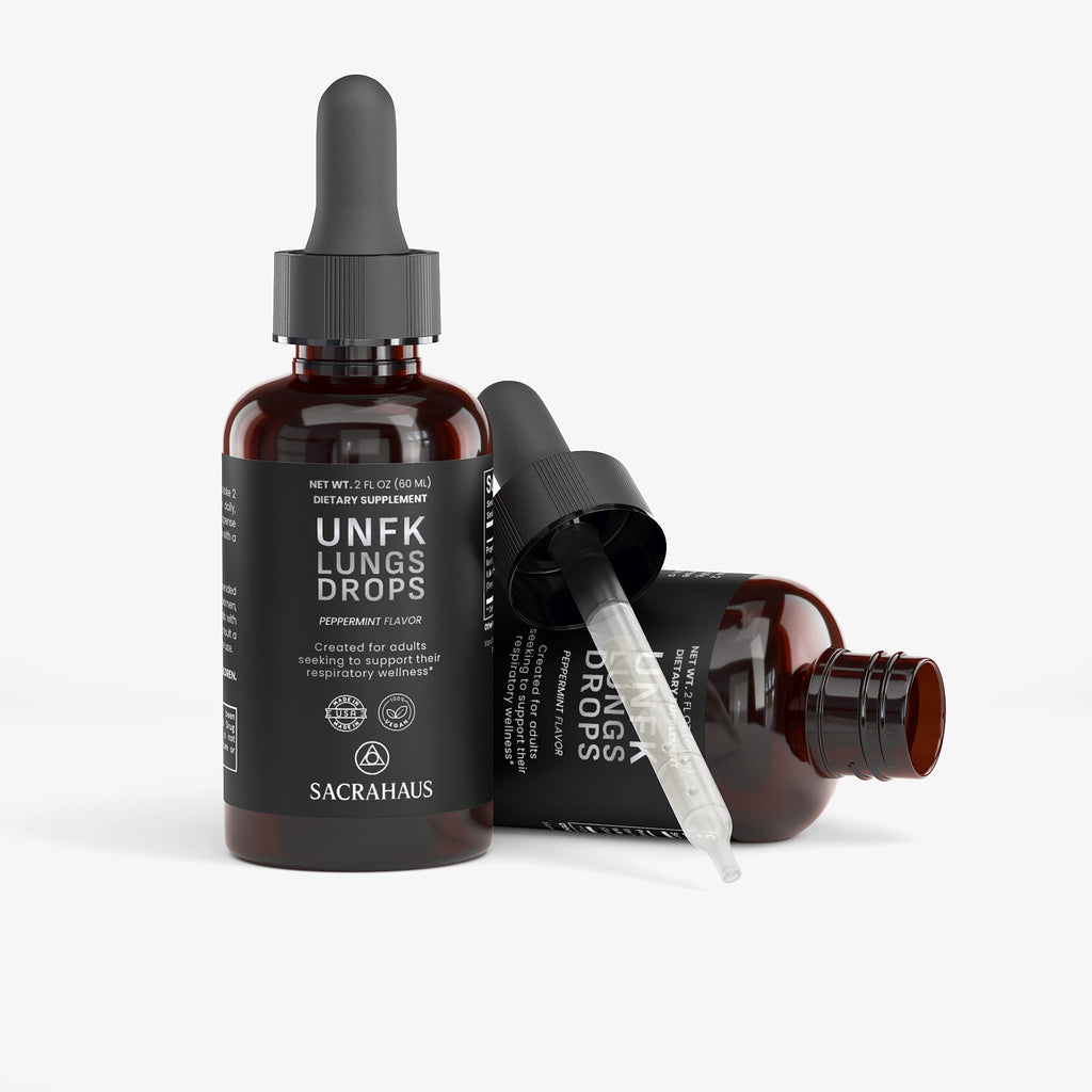 SACRAHAUS Unfk Lungs Drops in a dark bottle, promoting respiratory health drops for adults
