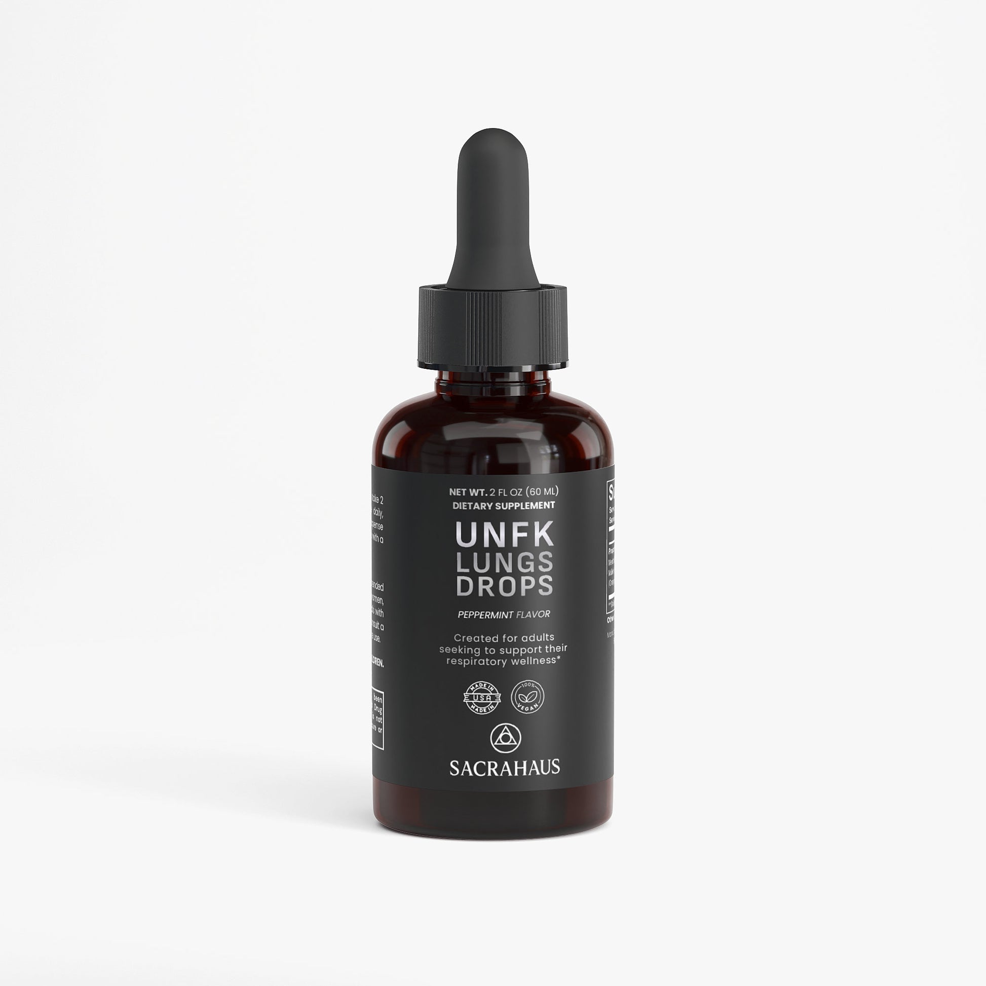 SACRAHAUS Unfk Lungs Drops for respiratory health drops in a dark glass bottle with a dropper
