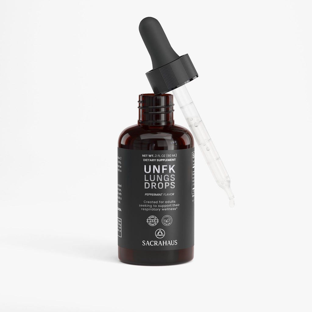 SACRAHAUS UNFK Lungs Drops in a dark bottle featuring a dropper, designed for respiratory health drops