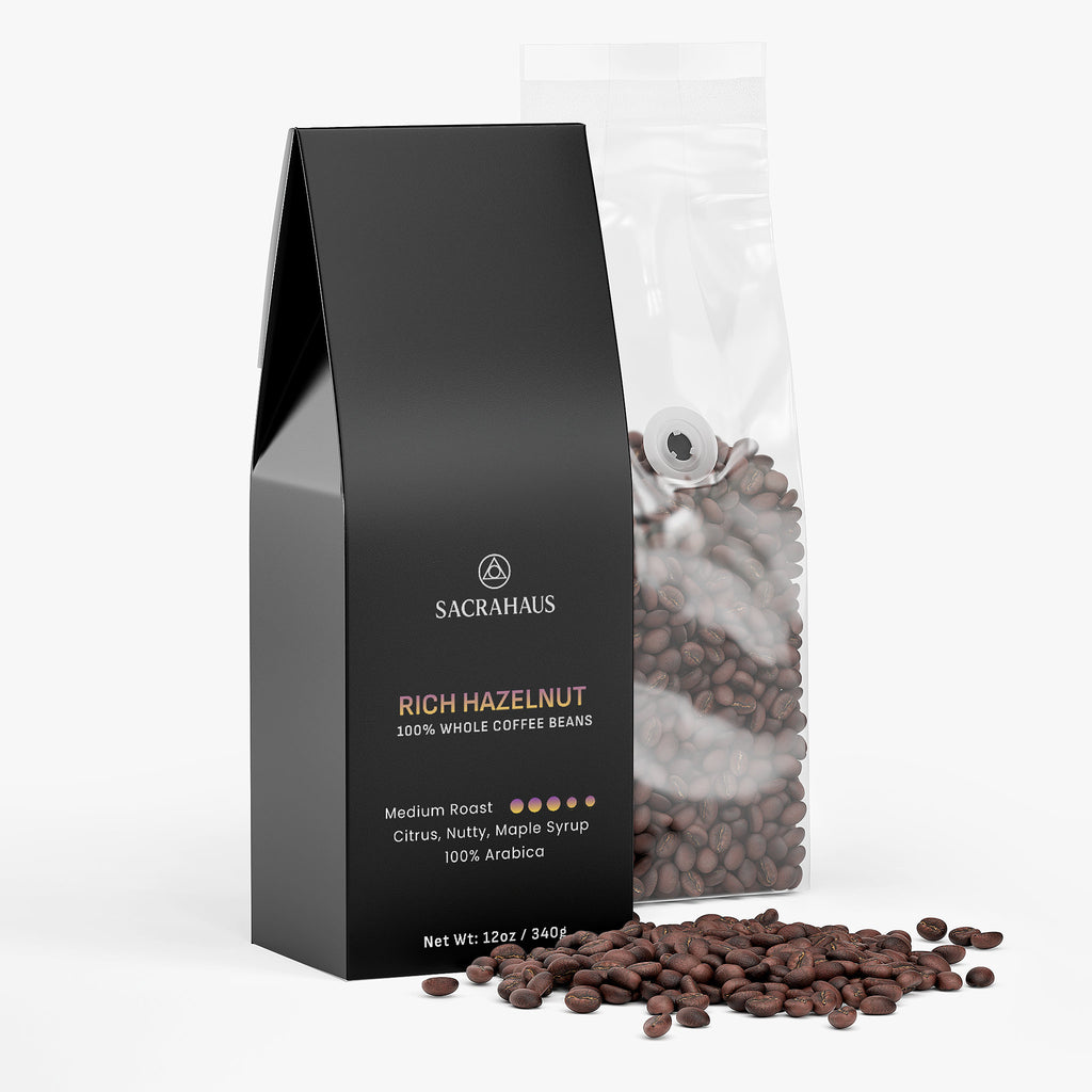 SACRAHAUS rich hazelnut coffee beans in a black bag with a clear window for easy viewing