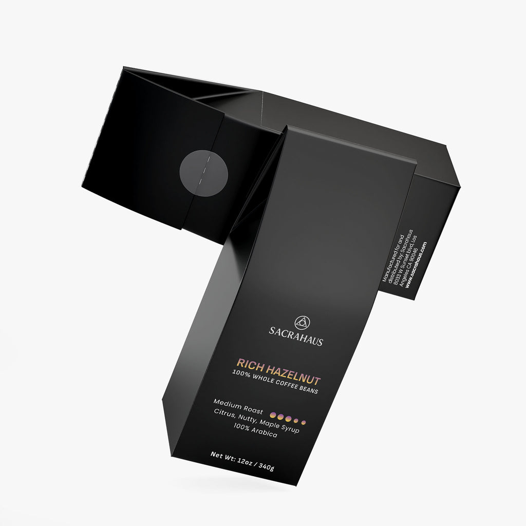 SACRAHAUS Rich Hazelnut coffee beans in a sleek black package for a flavorful brew