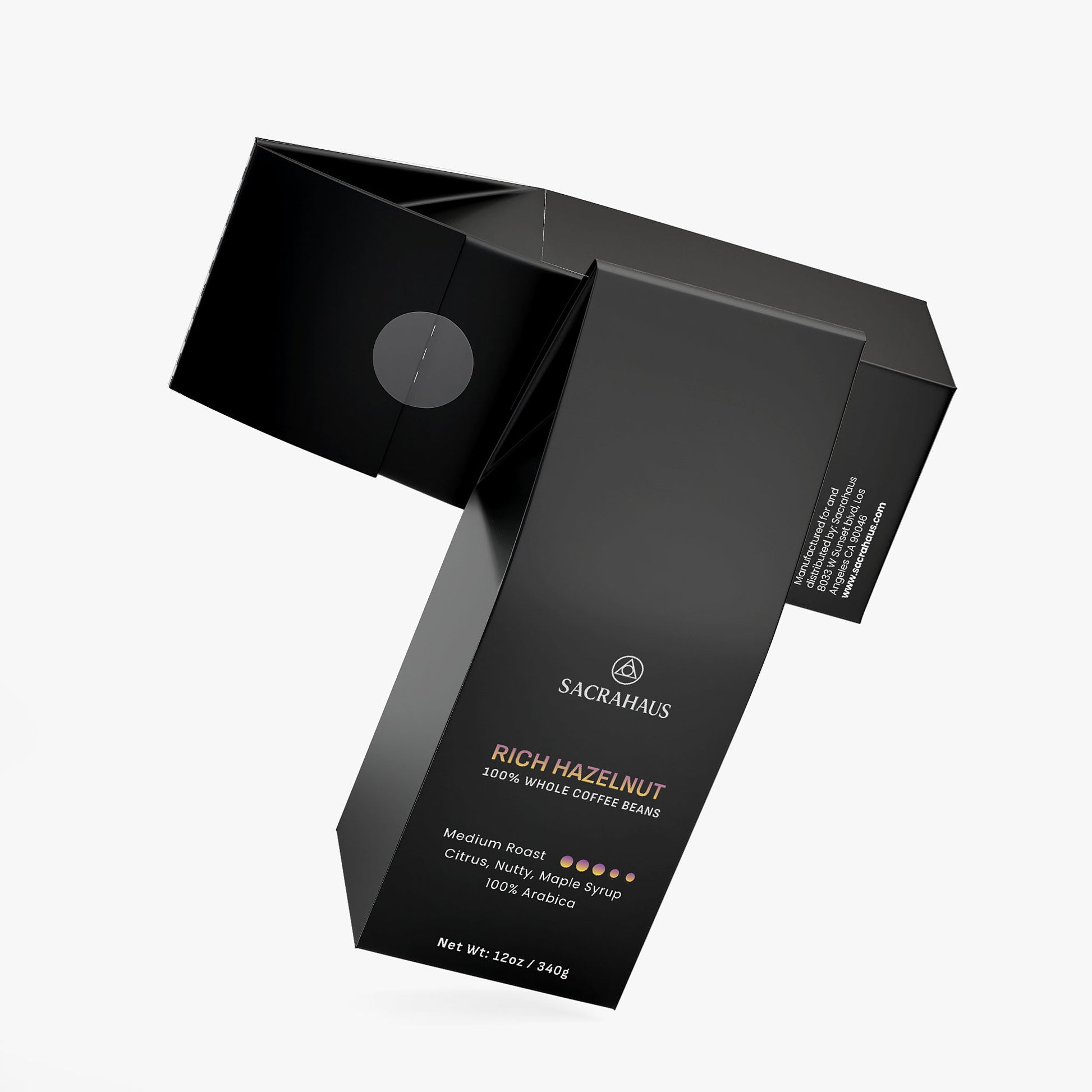 SACRAHAUS Rich Hazelnut coffee beans in a sleek black package for a flavorful brew