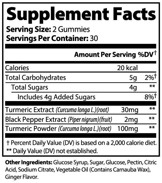 SACRAHAUS turmeric gummies for inflammation with supplement facts highlighting ingredients and daily values